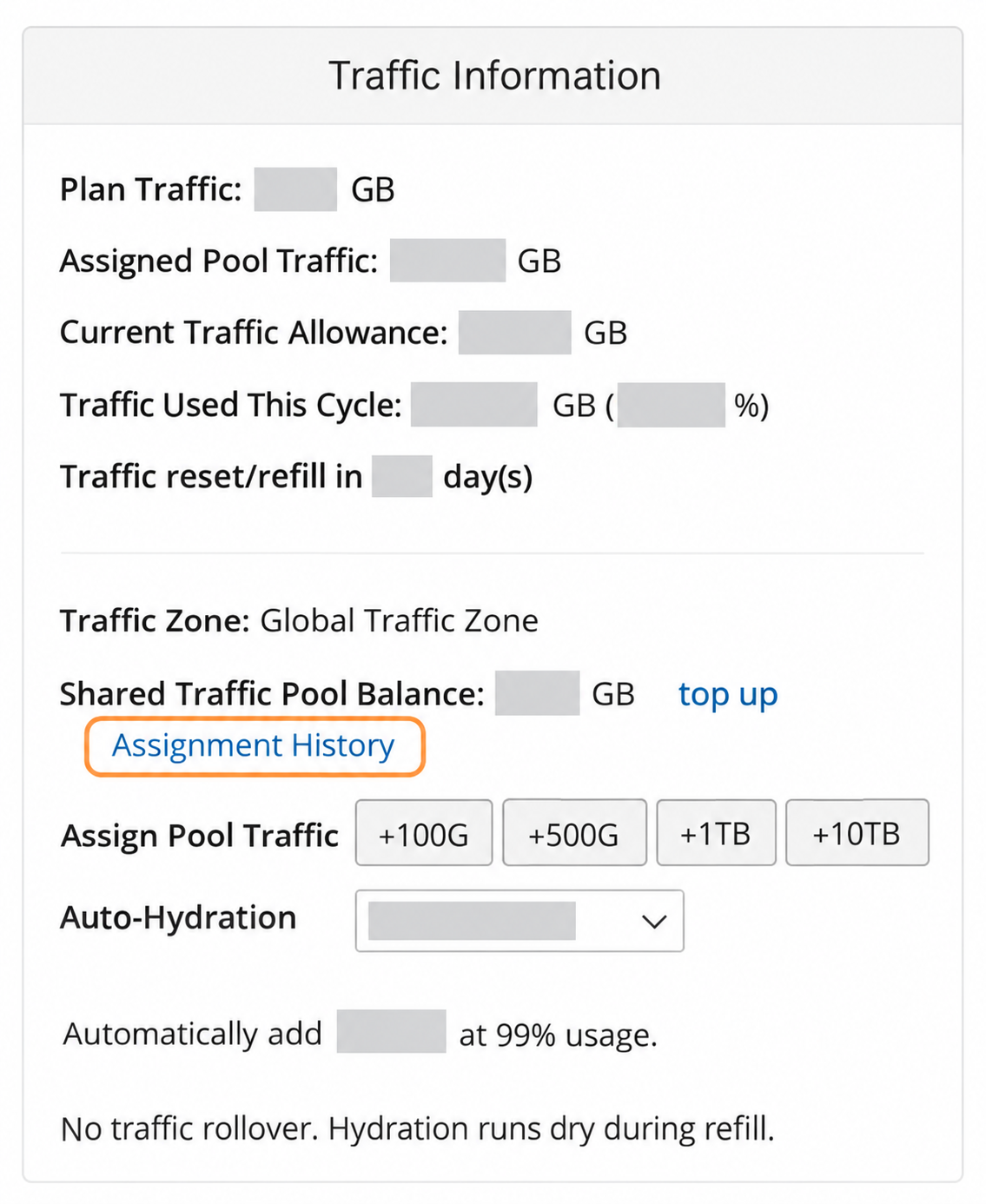 Anonymized Traffic Information panel with the Assignment History link highlighted below Shared Traffic Pool Balance.