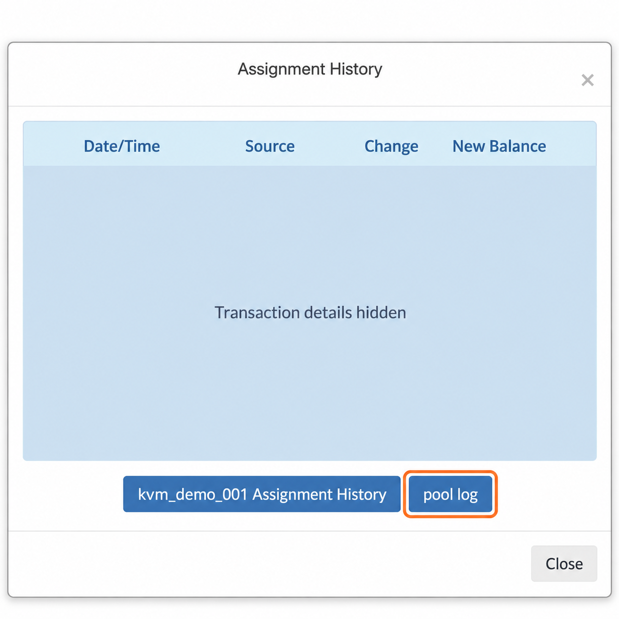 Anonymized Assignment History window with the pool log button highlighted beside the VPS-specific Assignment History button.