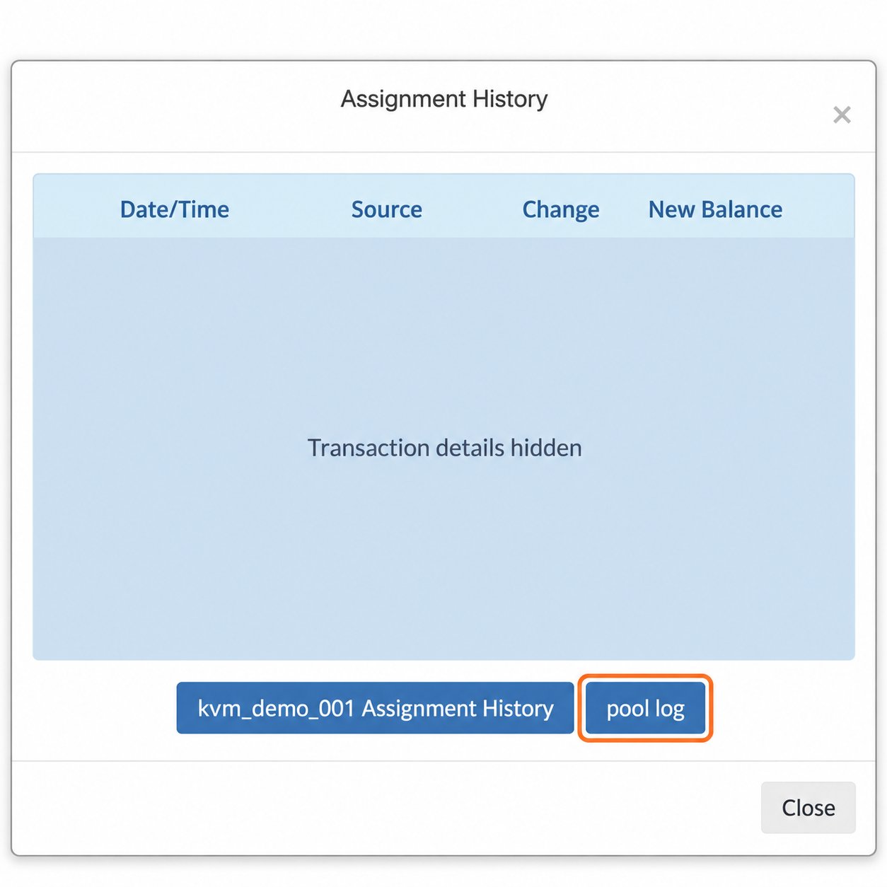 Anonymized Assignment History window with the pool log button highlighted beside the VPS-specific Assignment History button.