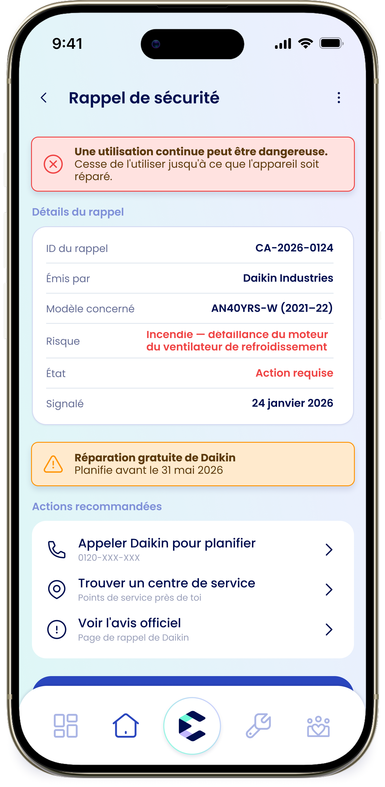 L'écran d'un rappel de sécurité avec la bannière rouge, les détails du rappel et les actions recommandées