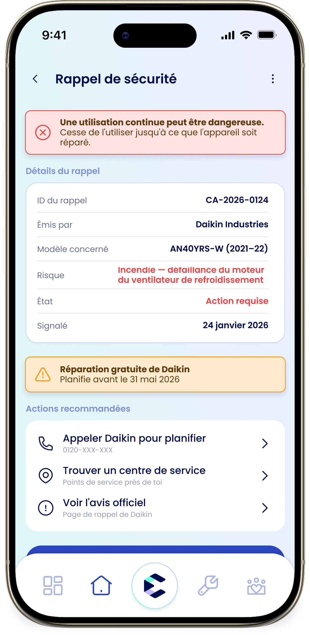 Détails du rappel L'écran d'un rappel de sécurité avec la bannière rouge, les détails du rappel et les actions recommandées