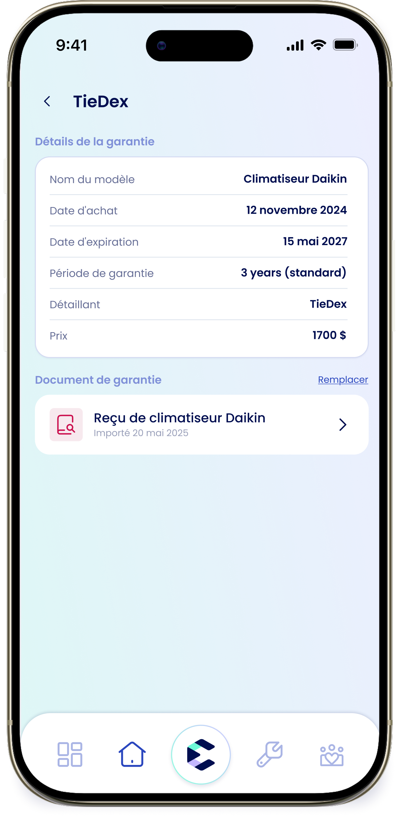 L'écran des détails de la garantie