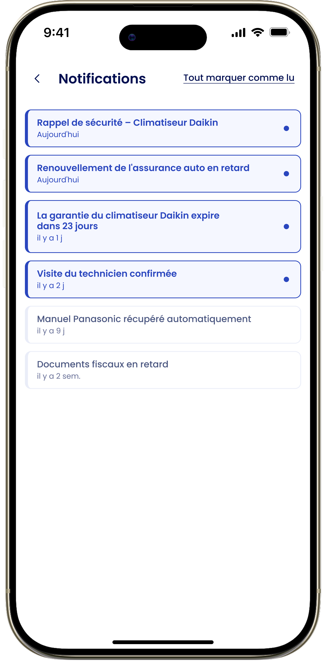 L'écran Notifications avec des notifications non lues marquées d'un point bleu