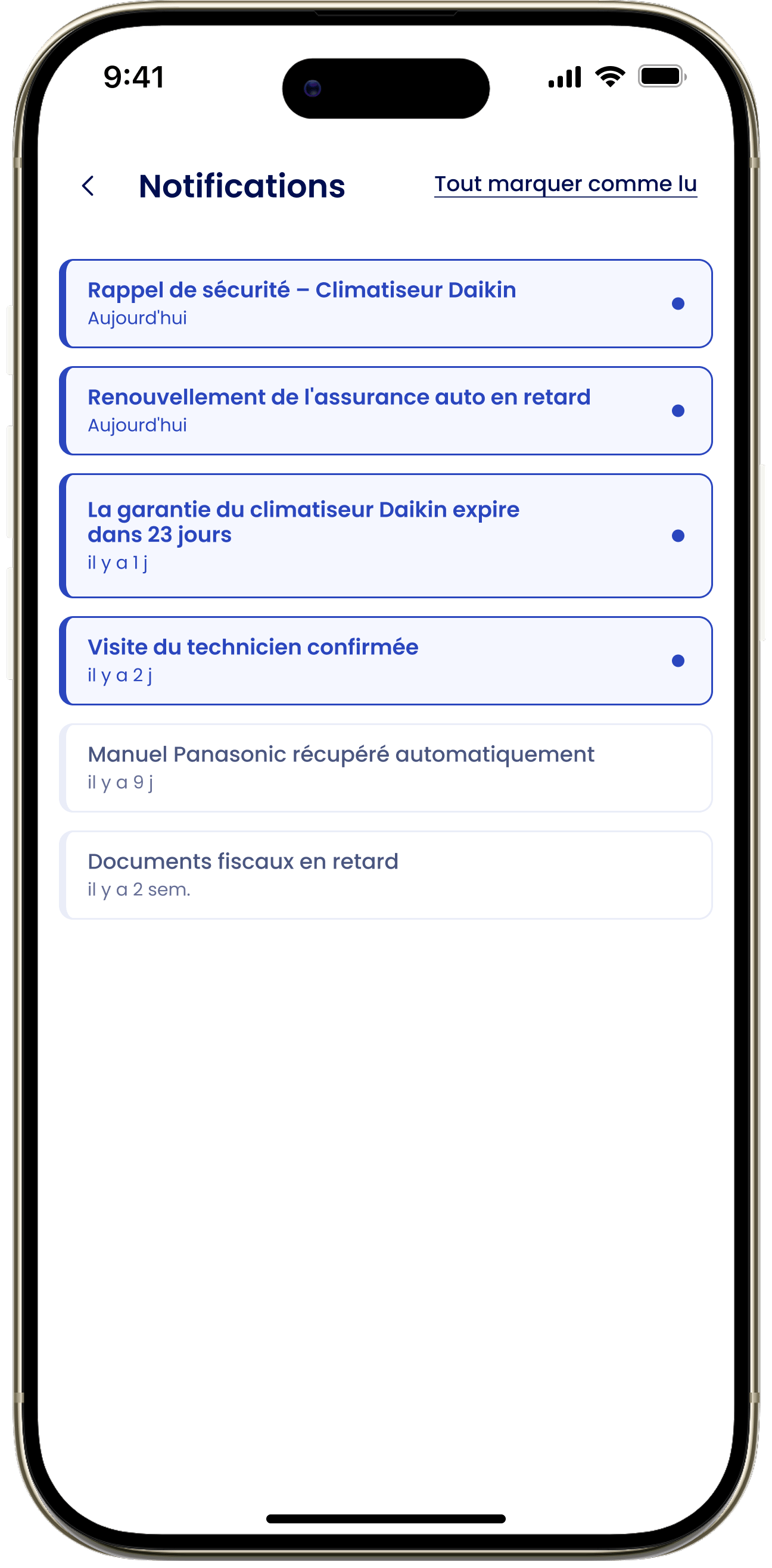 Notifications L'écran Notifications avec des notifications non lues marquées d'un point bleu