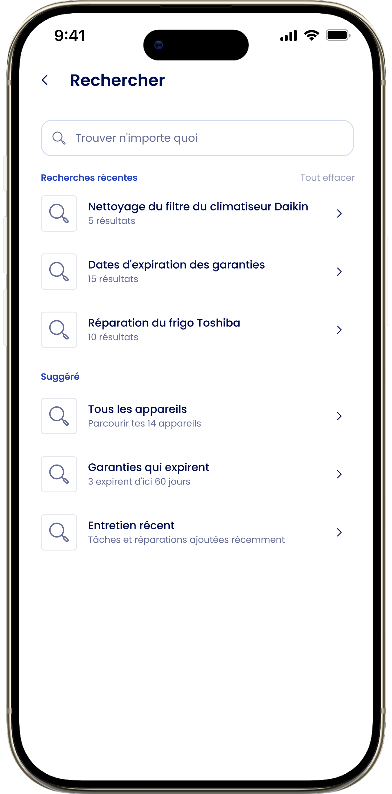 L'écran de recherche avec des résultats regroupés par type