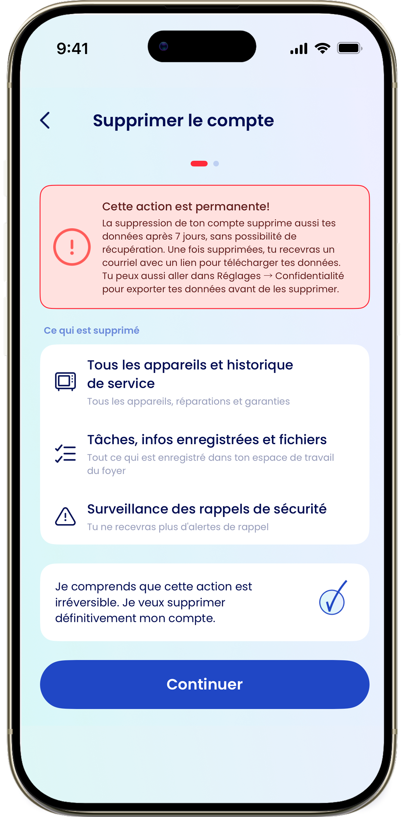 L'écran Supprimer le compte, étape 1