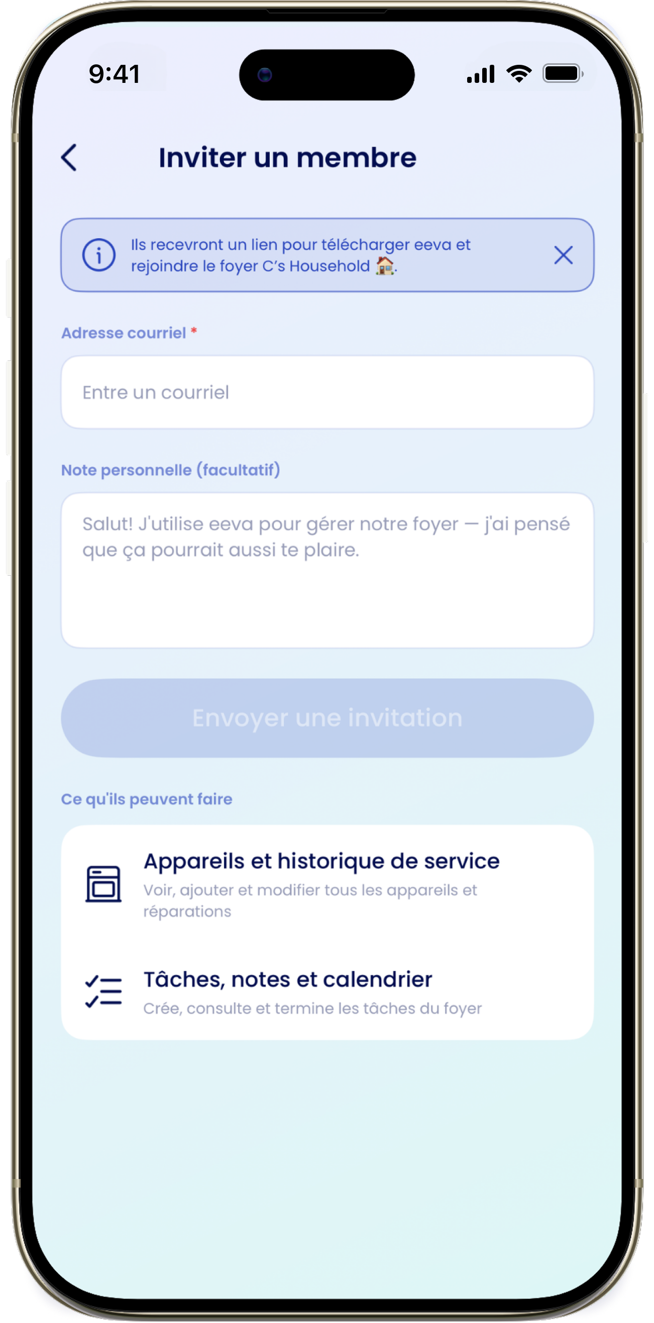 L'écran Inviter un membre
