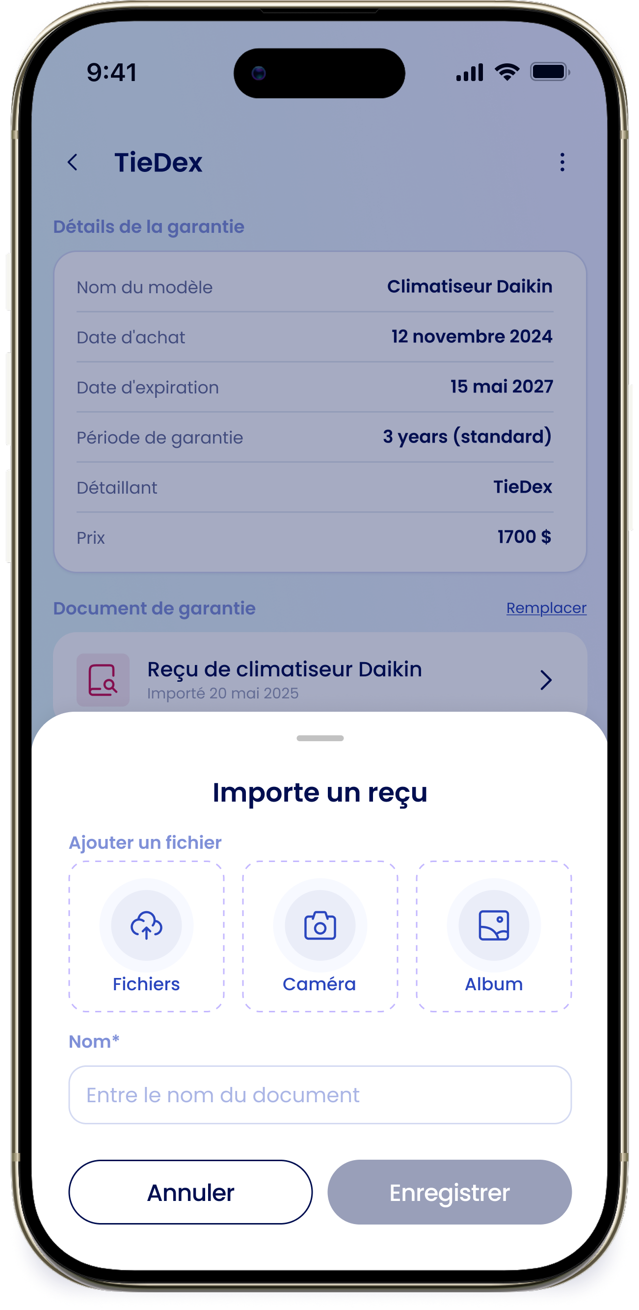La fenêtre Importe un reçu