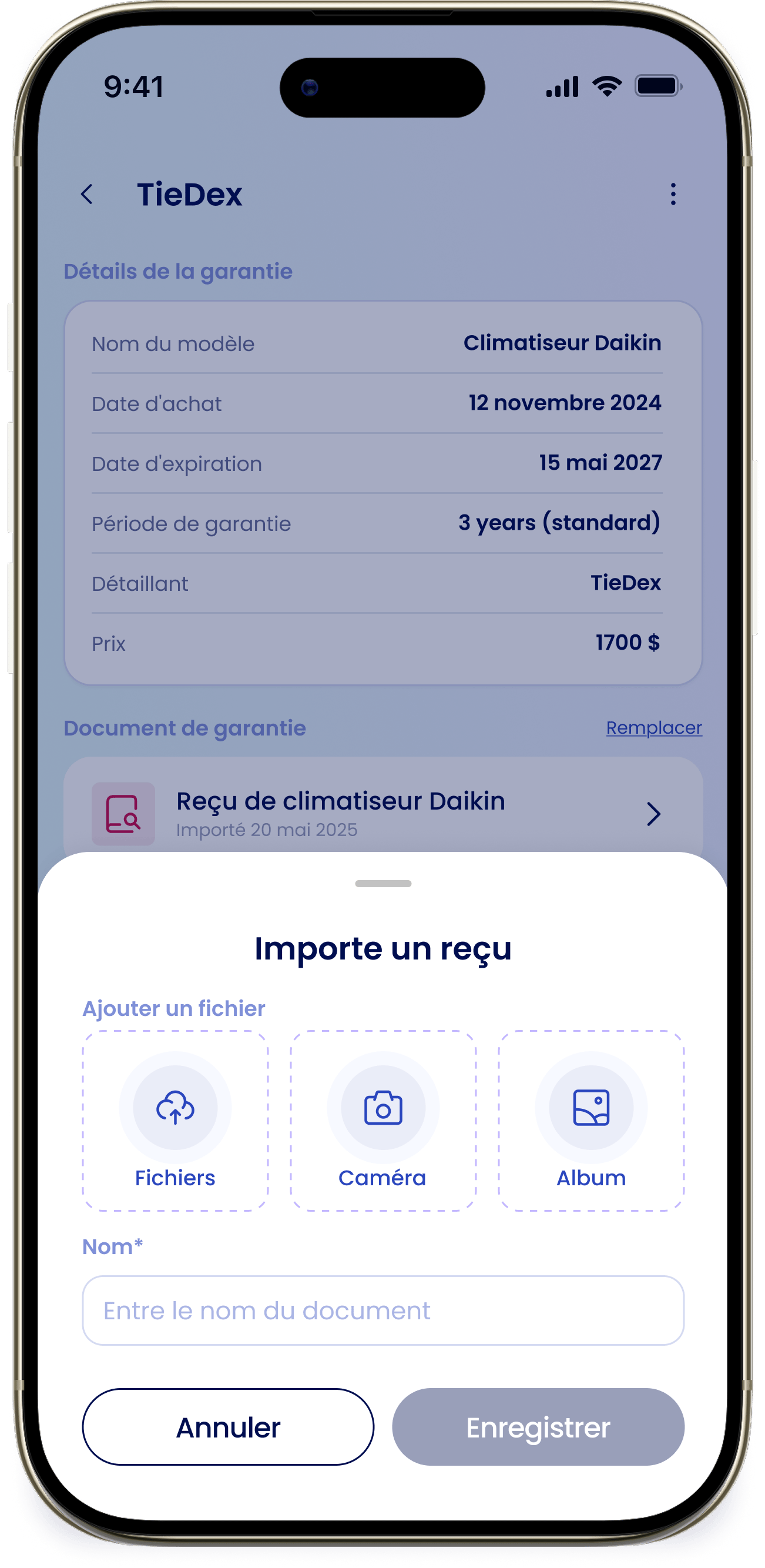 Importe un reçu La fenêtre Importe un reçu