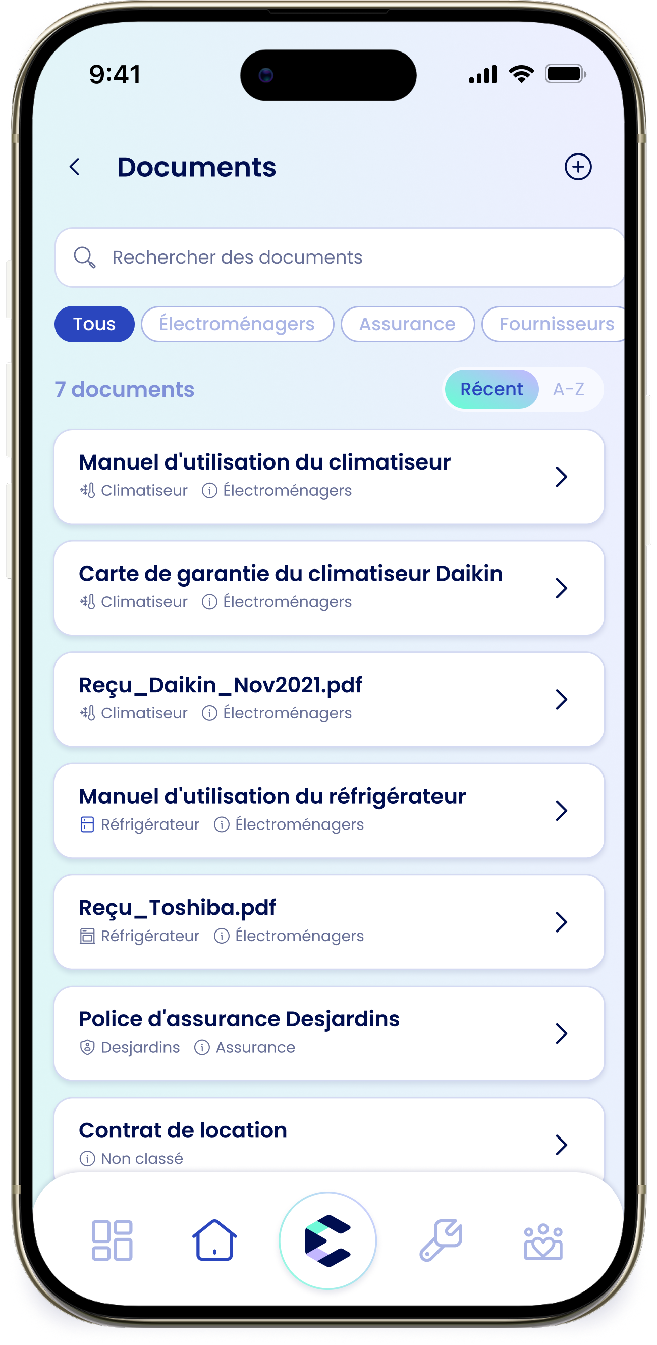 L'écran Documents avec les filtres et le diagnostic
