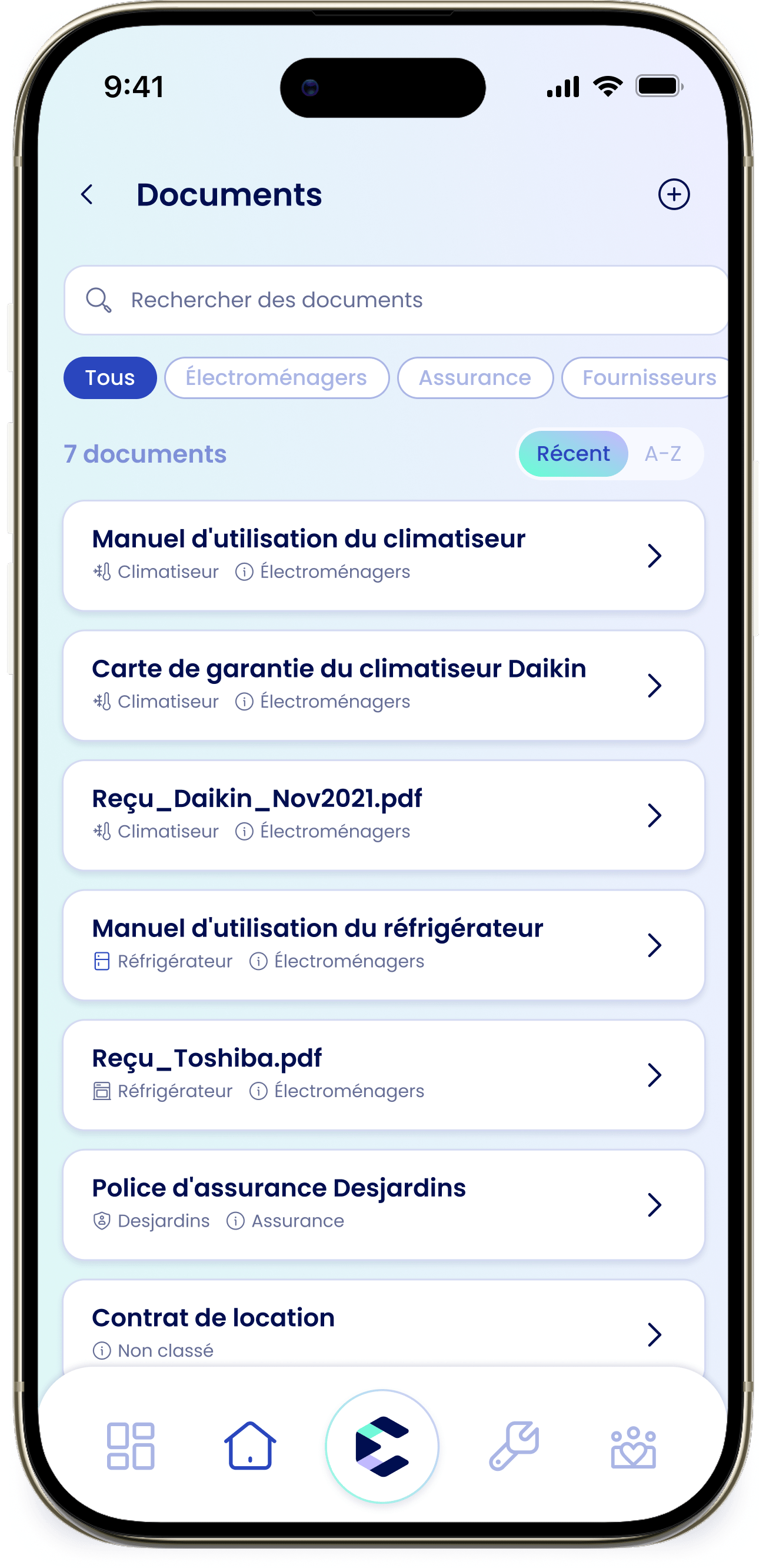 Documents L'écran Documents avec les filtres et le diagnostic