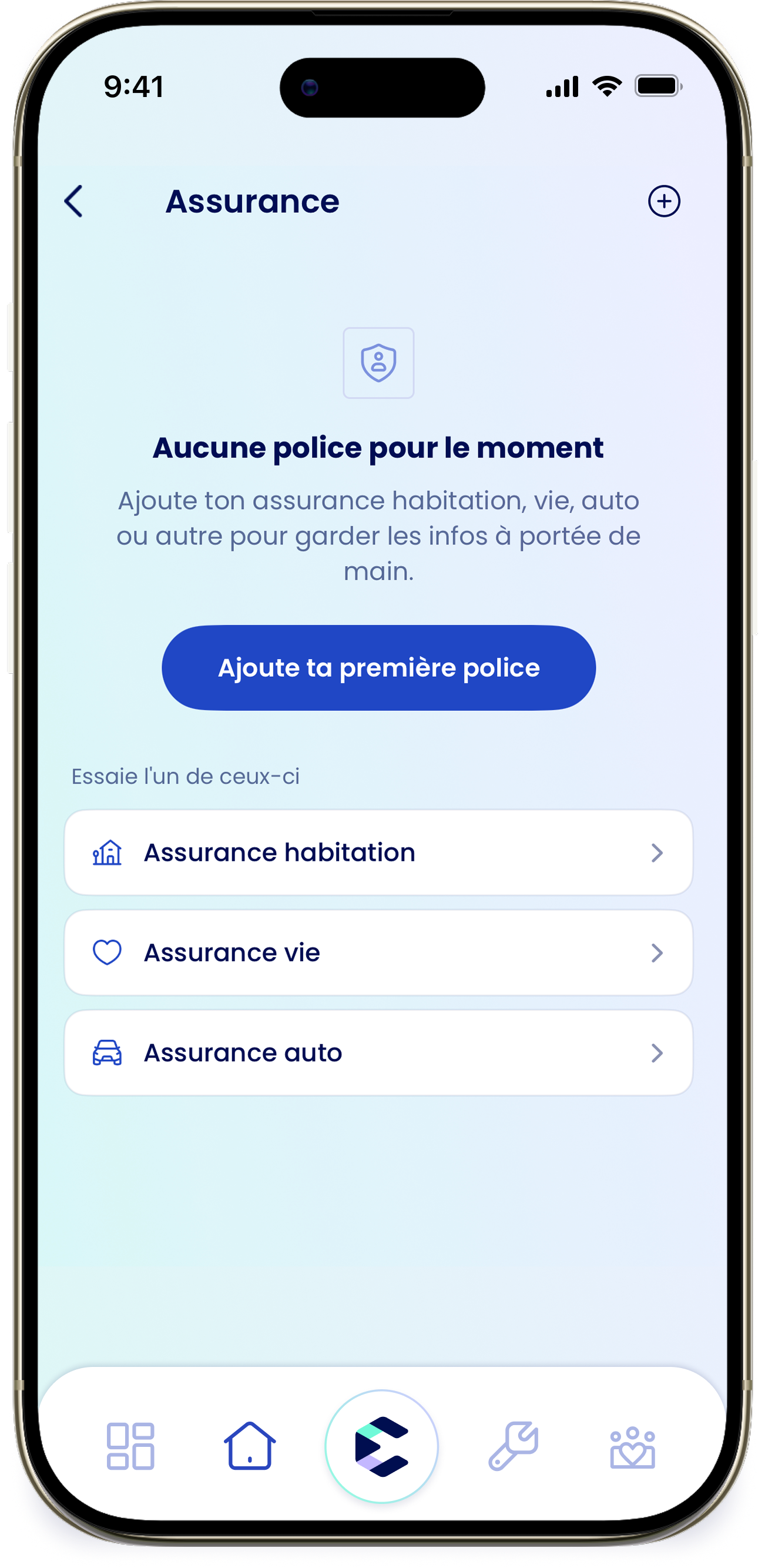 L'écran Assurances à l'état vide, avec les suggestions Assurance habitation, vie et auto