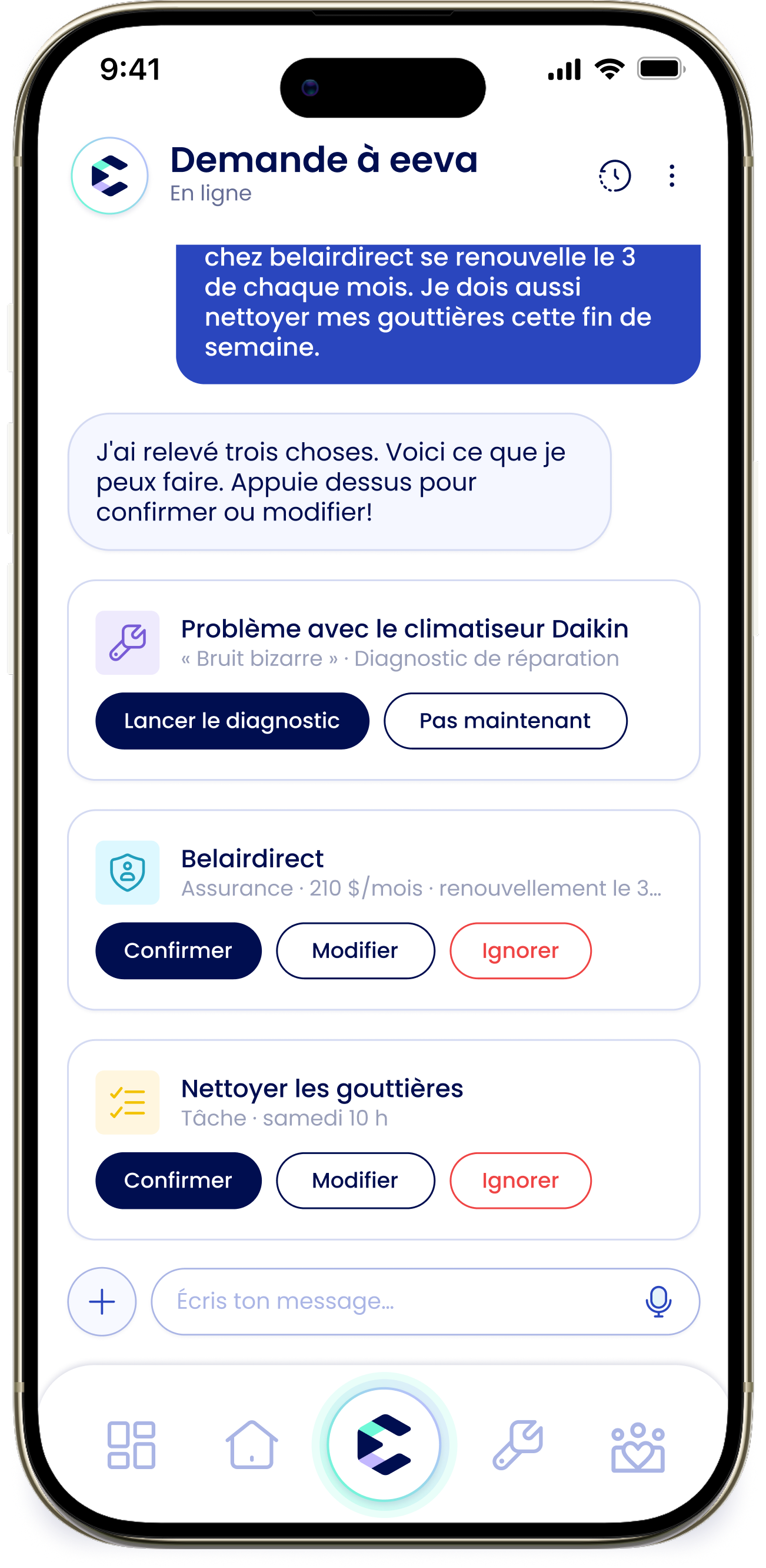 Des cartes d'action dans le clavardage avec les boutons Confirmer, Modifier et Ignorer