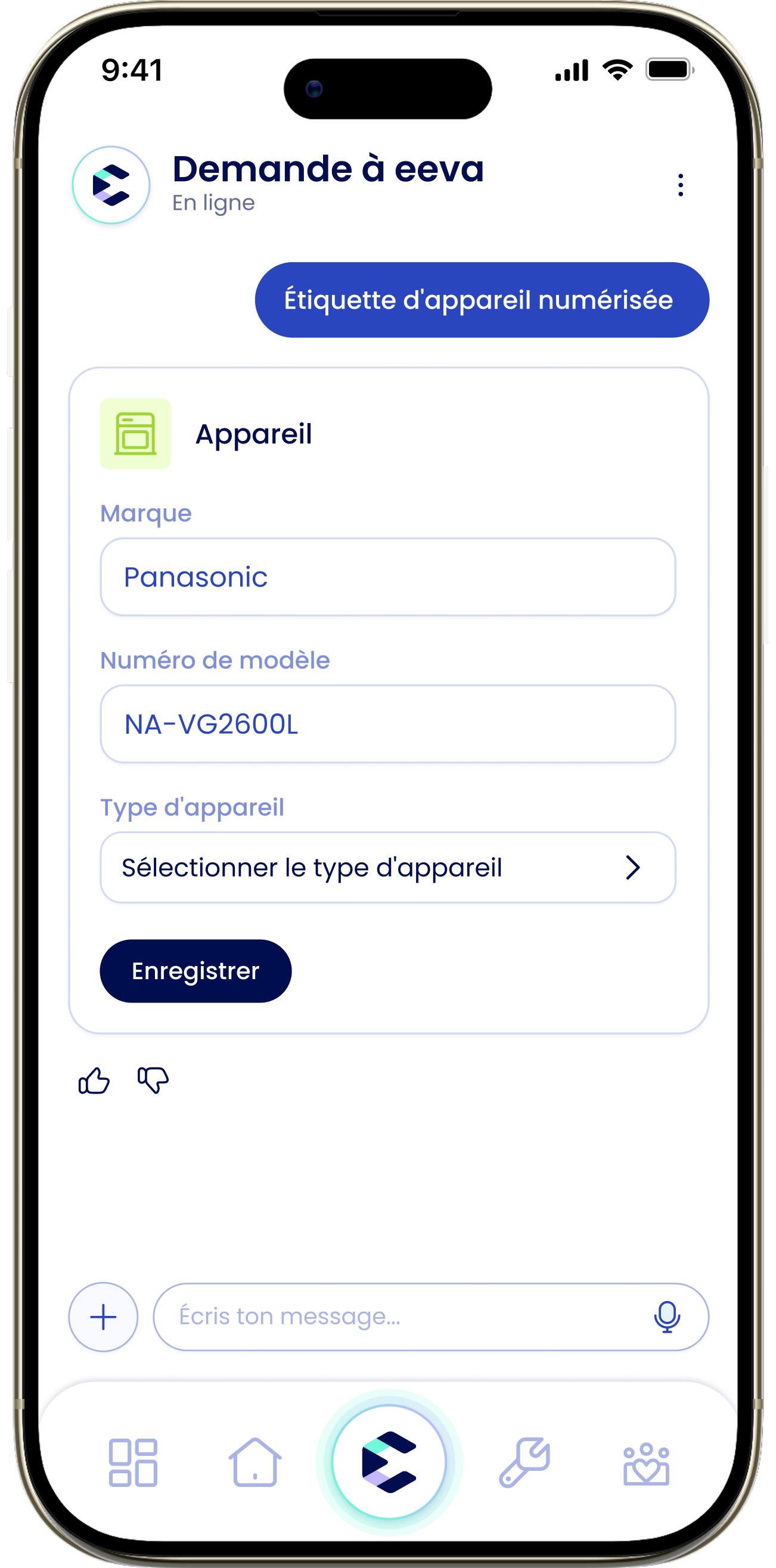 Une carte de numérisation dans le clavardage avec les champs Marque, Numéro de modèle et Type d'appareil