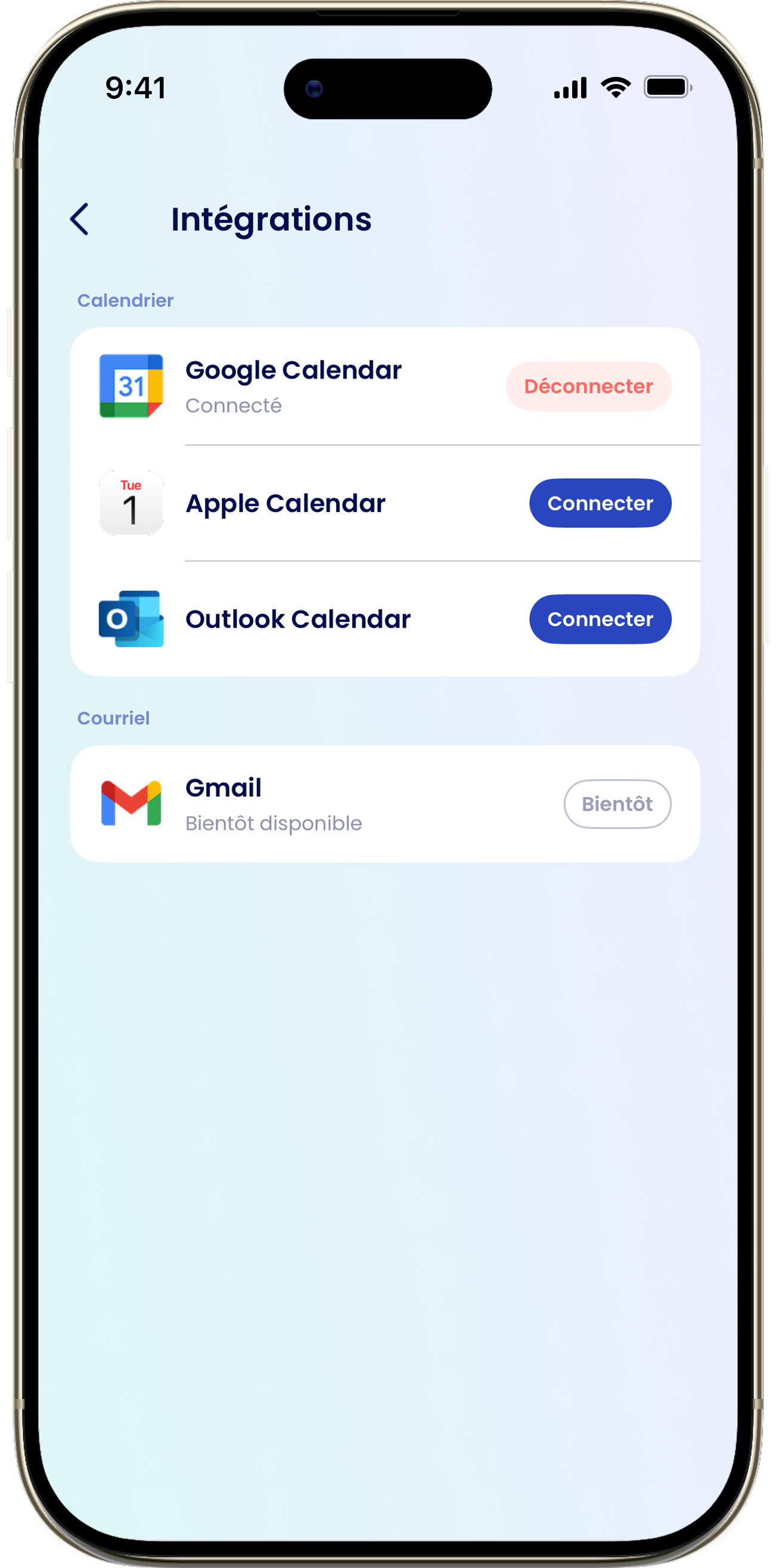 L'écran Intégrations avec les options de calendrier