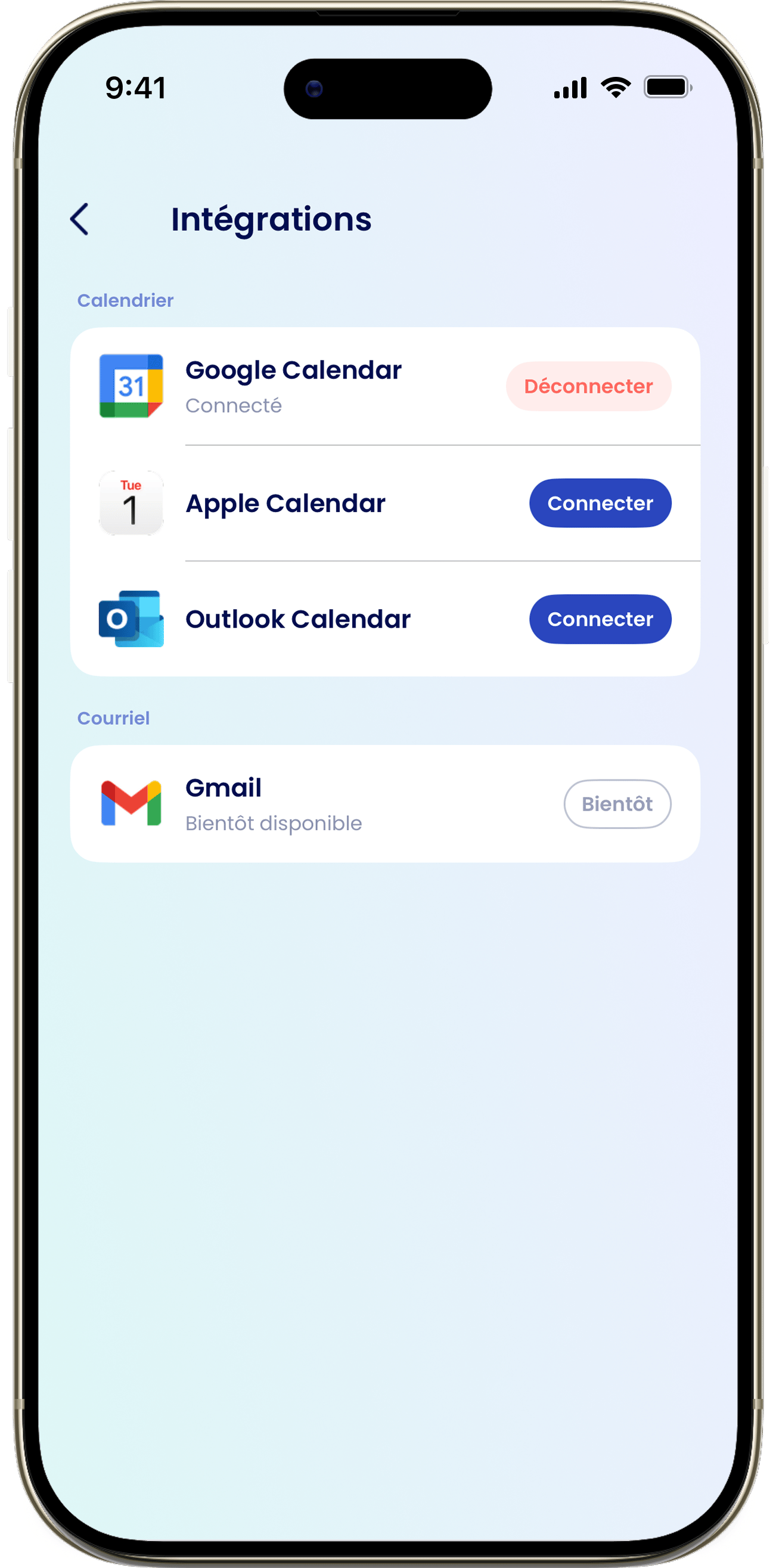 Intégrations L'écran Intégrations avec les options de calendrier
