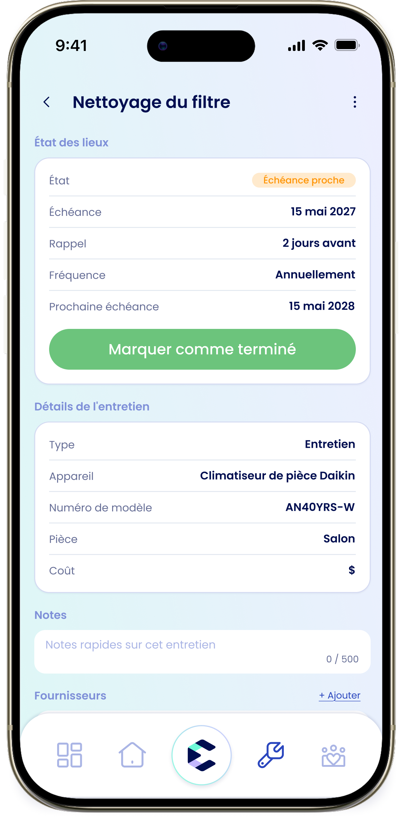 Le détail d'un entretien avec la carte Vérification de statut et le bouton Marquer comme terminé