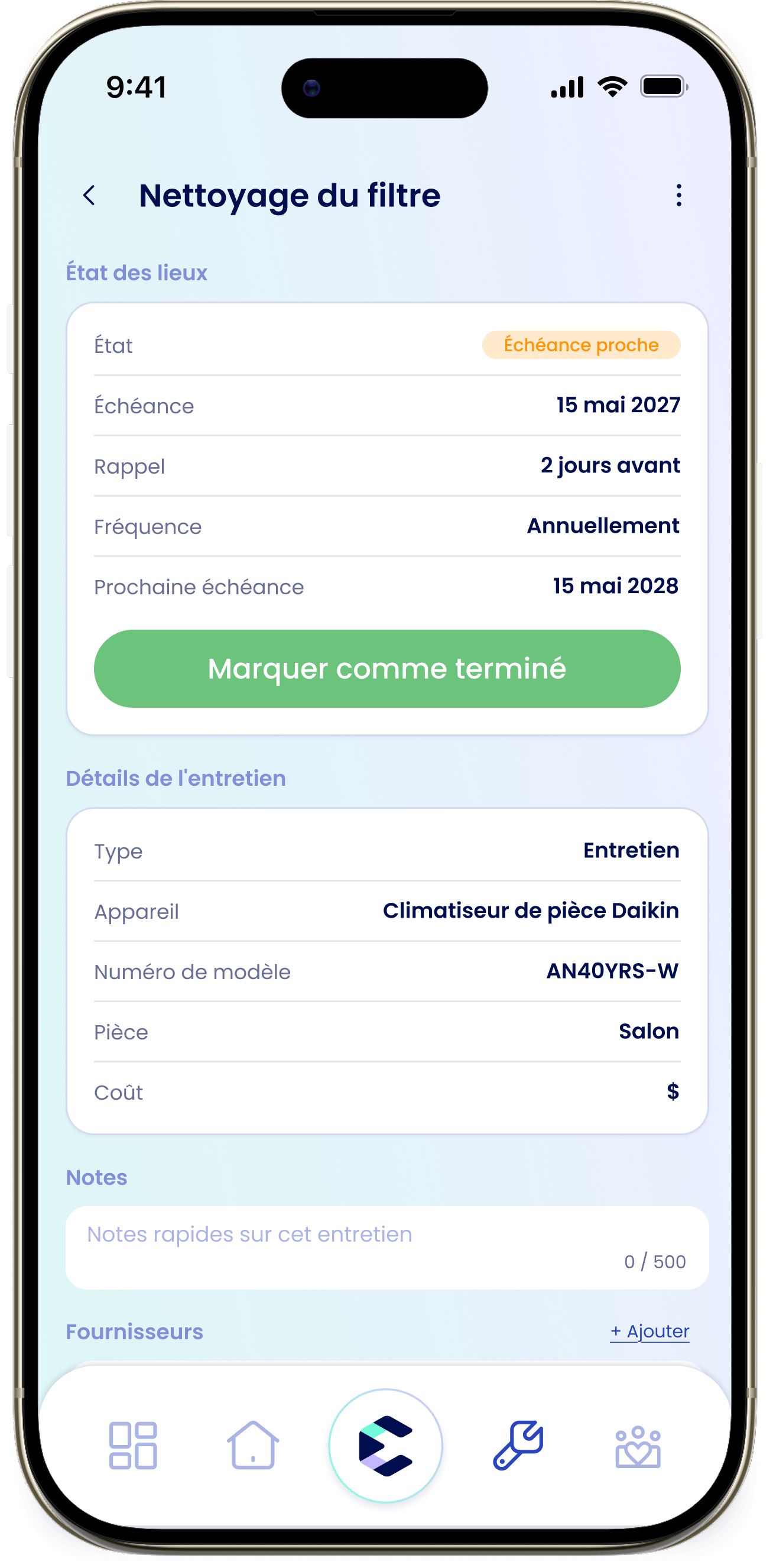 Détail de l'entretien Le détail d'un entretien avec la carte Vérification de statut et le bouton Marquer comme terminé
