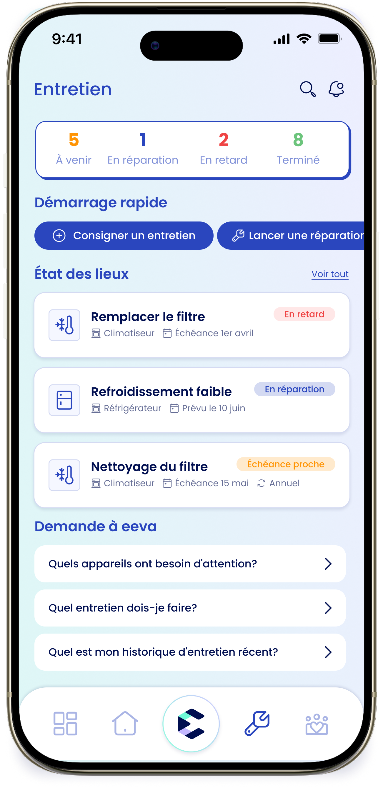 L'onglet Entretien avec la barre de statistiques et les boutons de démarrage rapide