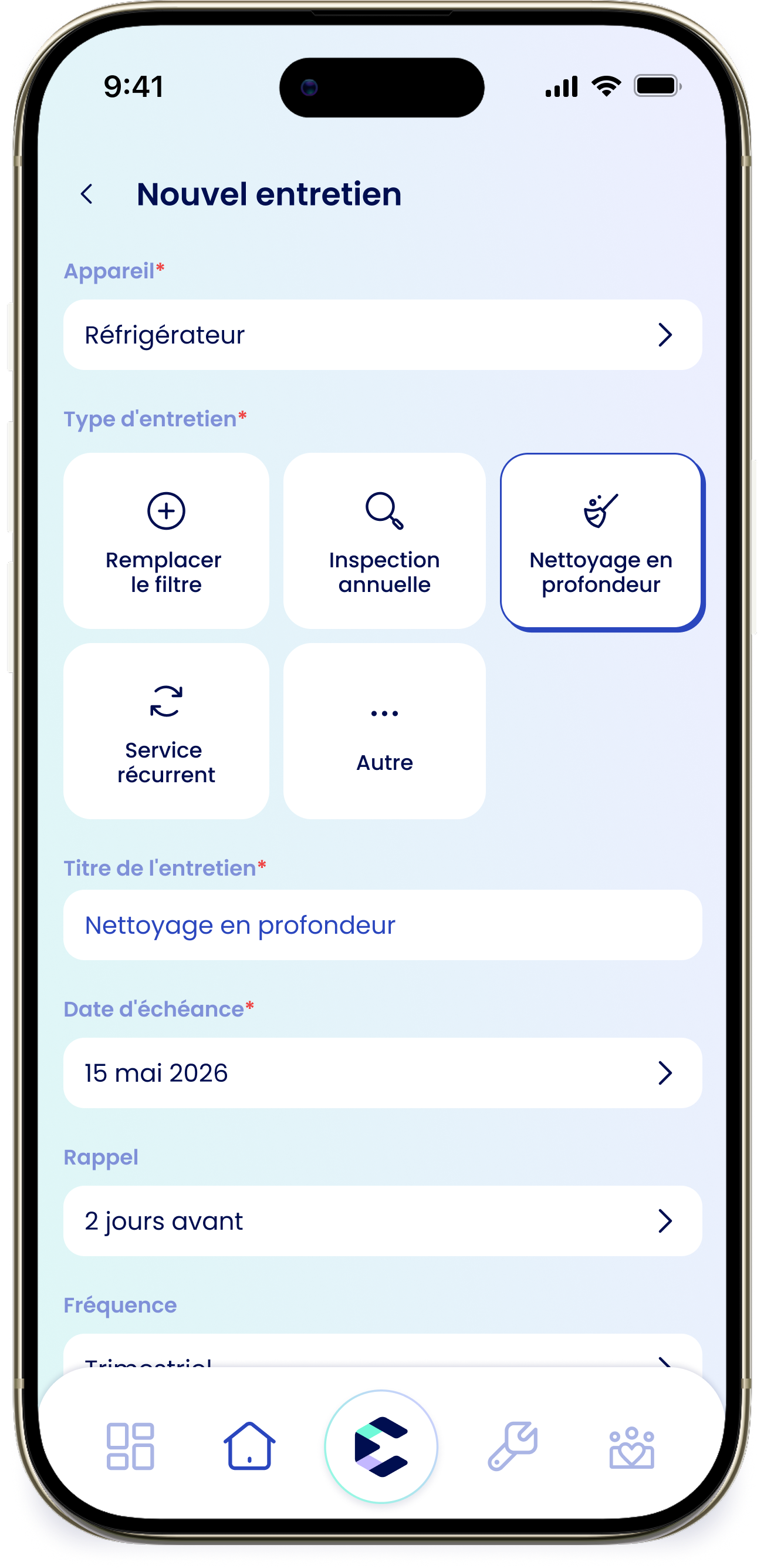 L'écran Ajouter un entretien avec le choix de l'appareil, les types d'entretien, la date d'échéance et la fréquence