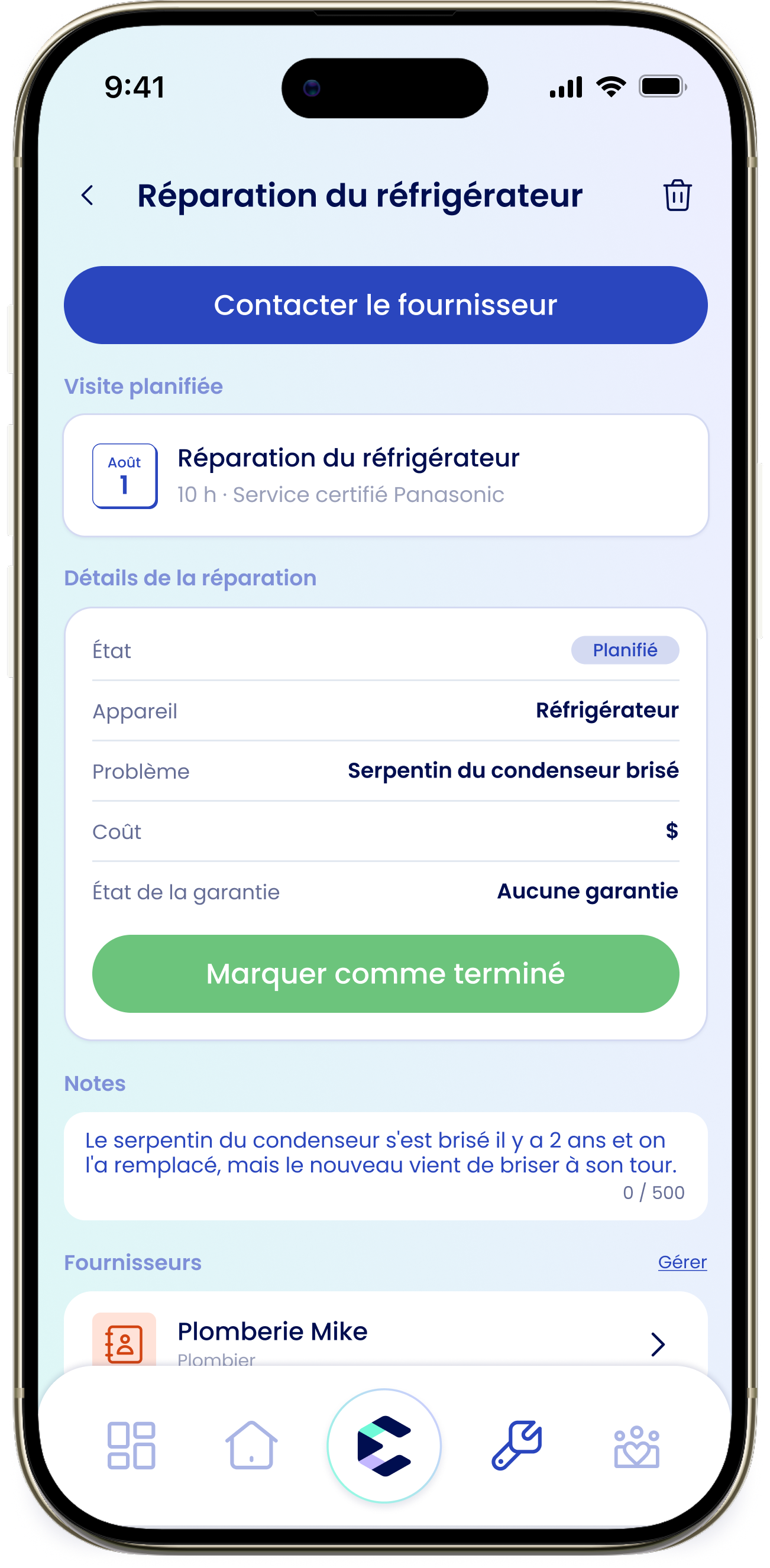 Le détail d'une réparation planifiée avec la chronologie, la visite planifiée et le bouton Marquer comme terminé
