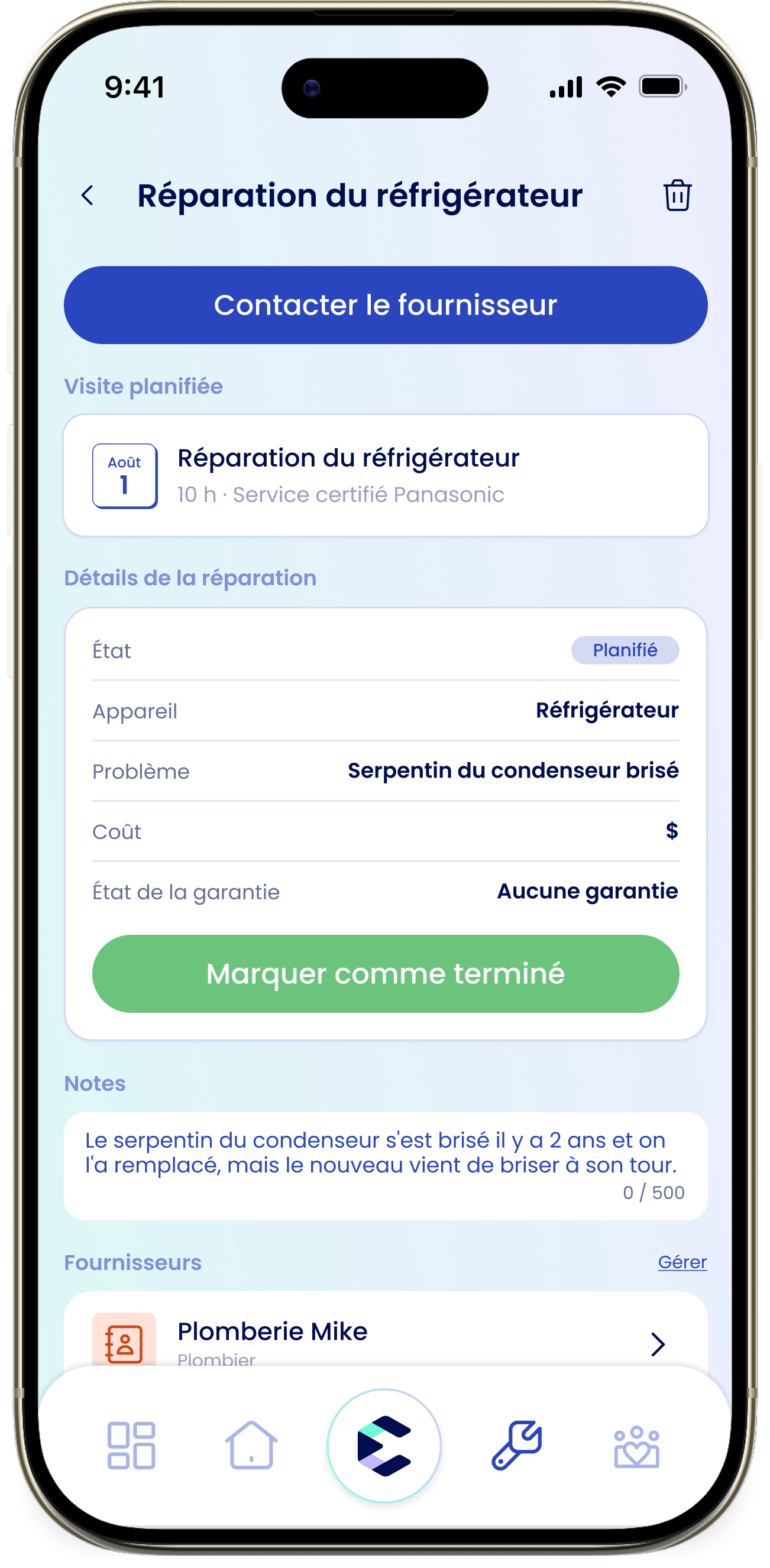 Réparation planifiée Le détail d'une réparation planifiée avec la chronologie, la visite planifiée et le bouton Marquer comme terminé