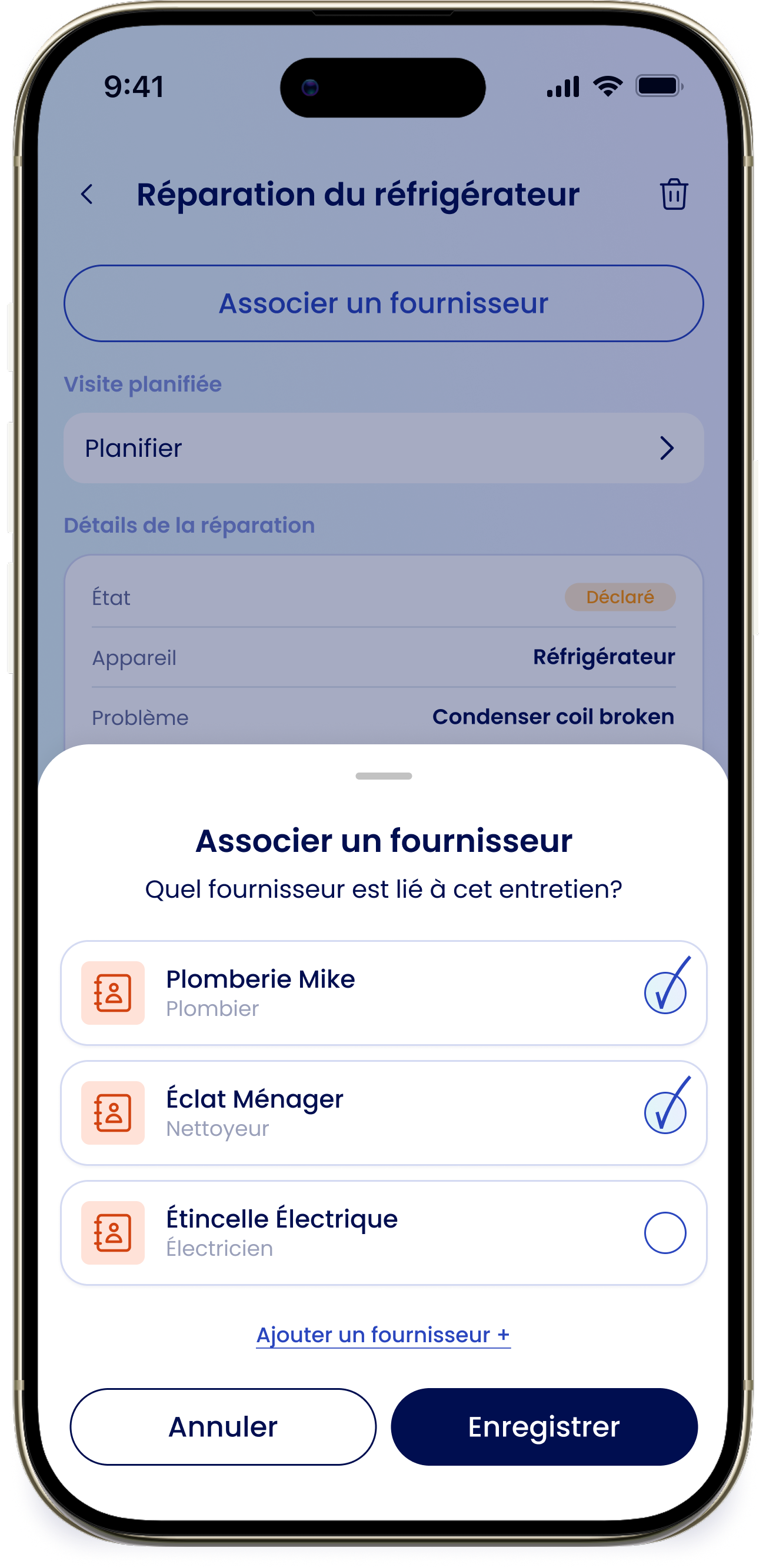 La section Fournisseurs d'un entretien ou d'une réparation avec l'option Associer un fournisseur