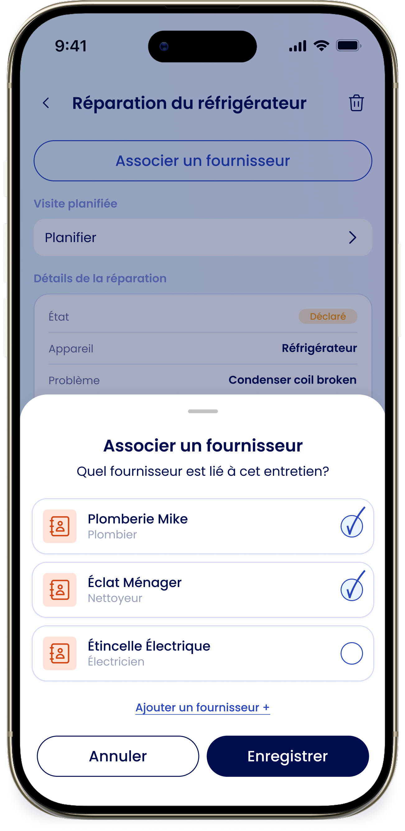 Associer un fournisseur La section Fournisseurs d'un entretien ou d'une réparation avec l'option Associer un fournisseur