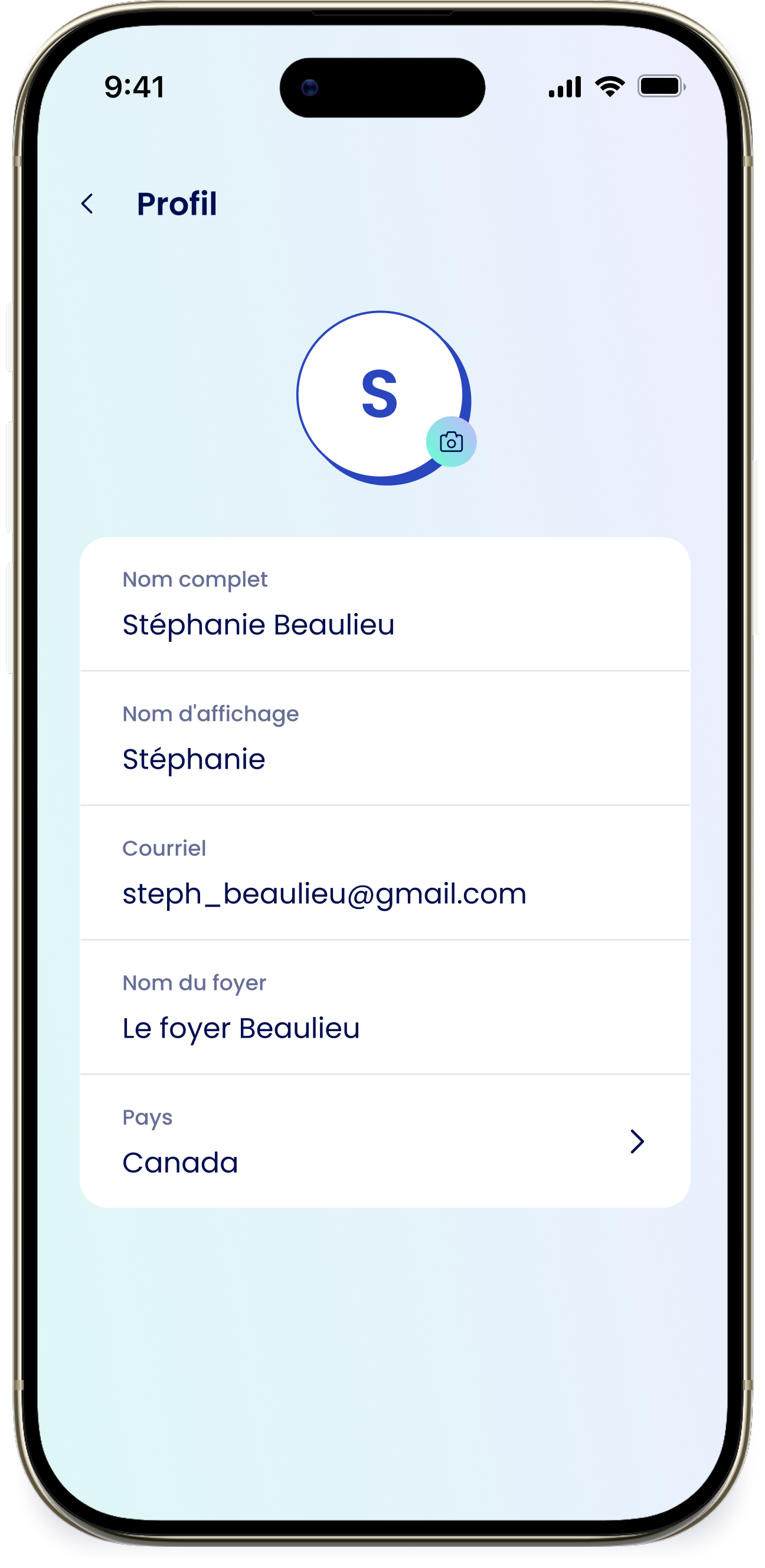 L'écran Profil avec l'avatar et les champs du profil