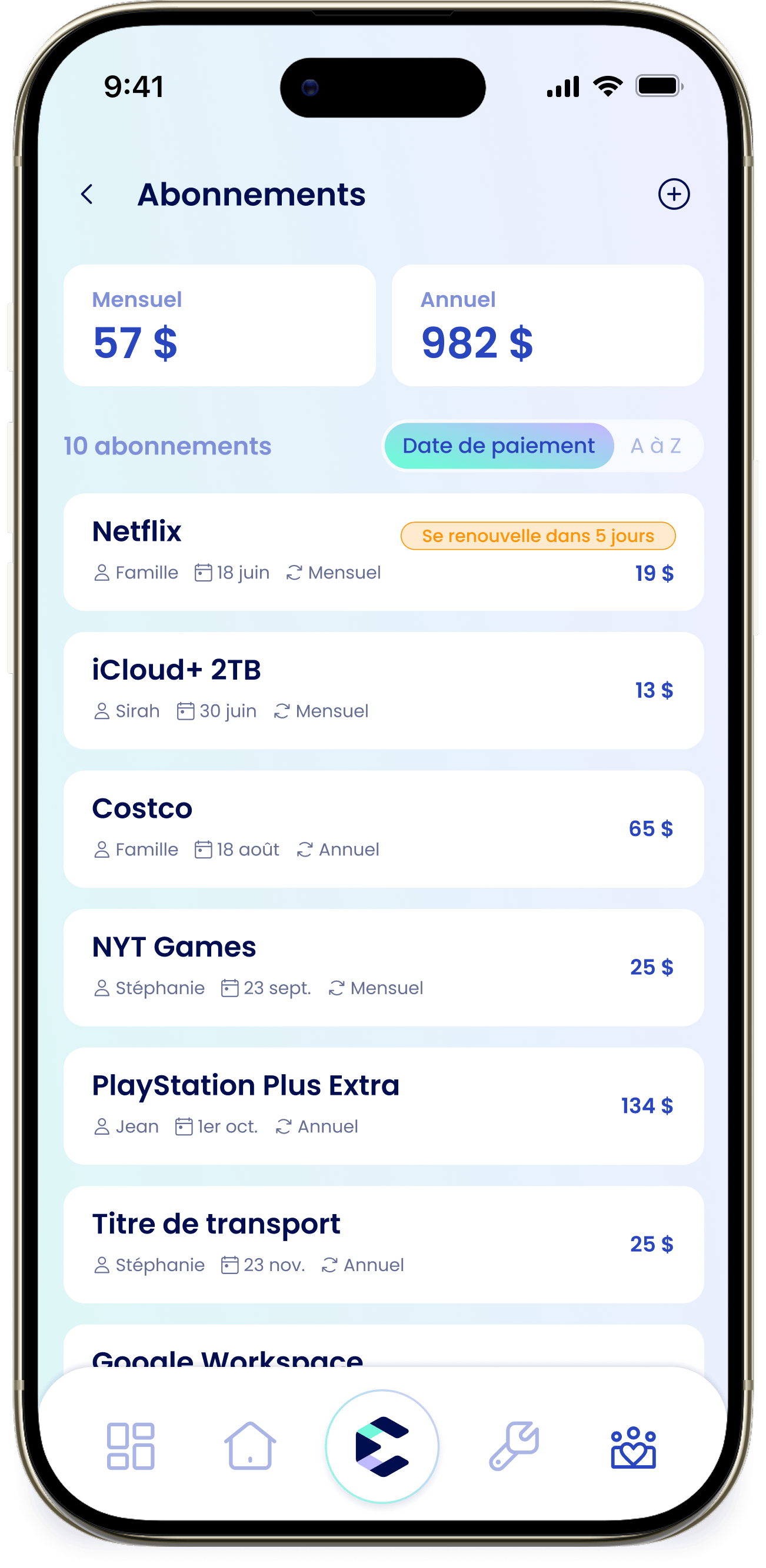 Liste des abonnements La liste des abonnements avec les cartes Mensuel et Annuel et les étiquettes de renouvellement