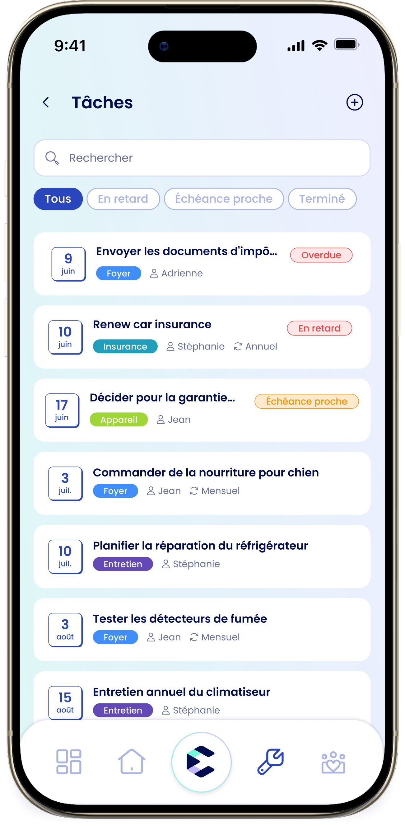La liste des tâches avec le champ de recherche, les filtres et les étiquettes d'urgence