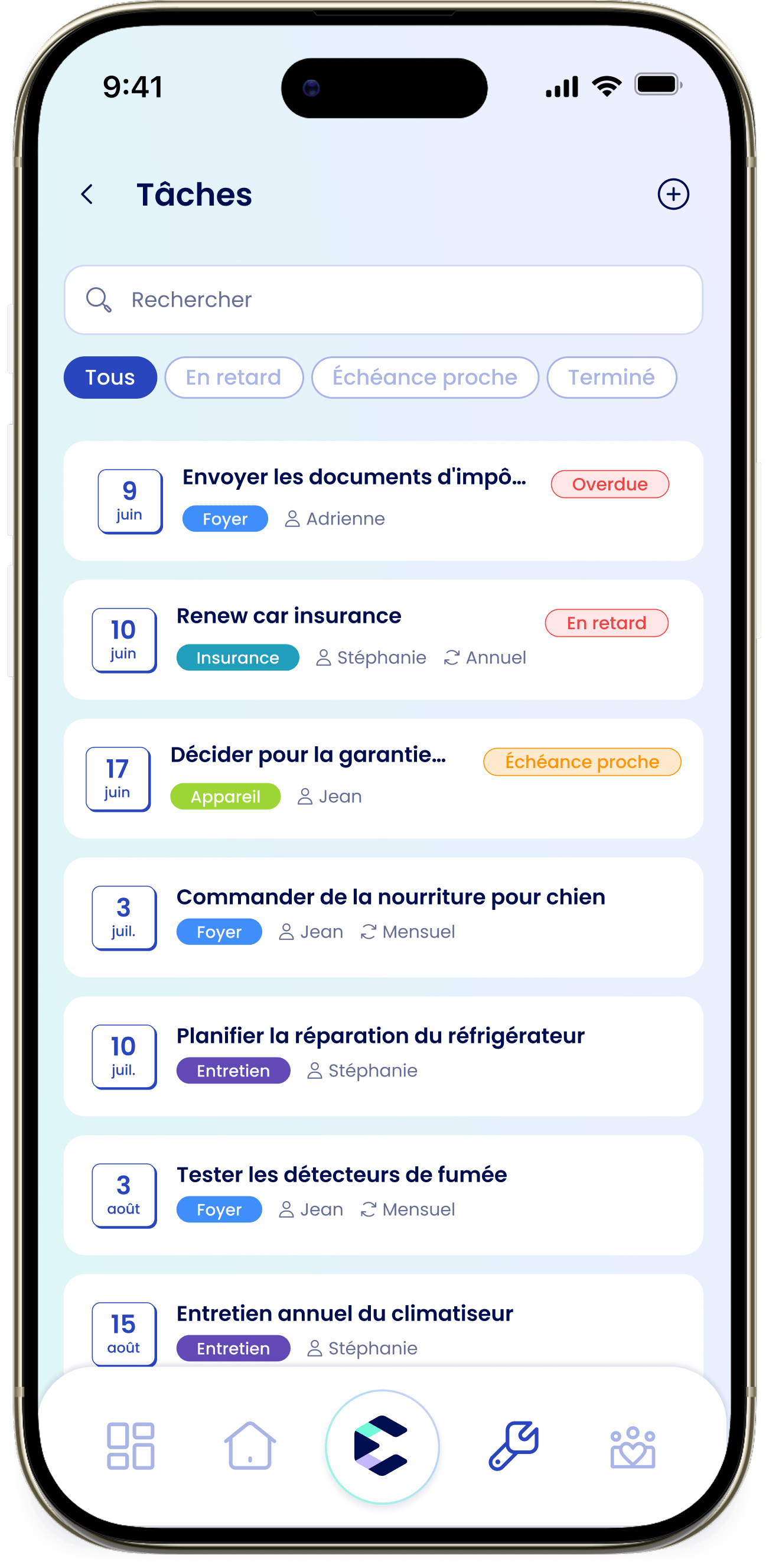 Liste des tâches La liste des tâches avec le champ de recherche, les filtres et les étiquettes d'urgence