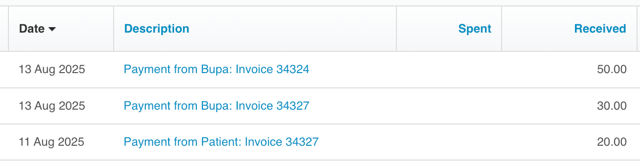 Xero clearing account with Cliniko payments received Screenshot showing a Xero clearing account for Cliniko with payments received