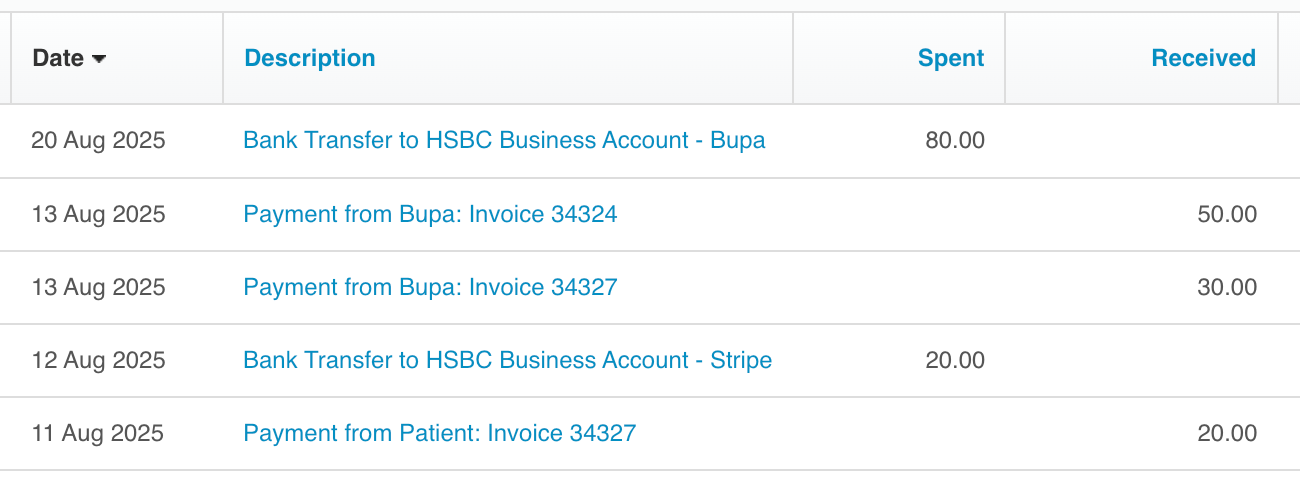 Xero clearing account with Cliniko payments received and paid out Screenshot showing a Xero clearing account for Cliniko with payments received and paid out