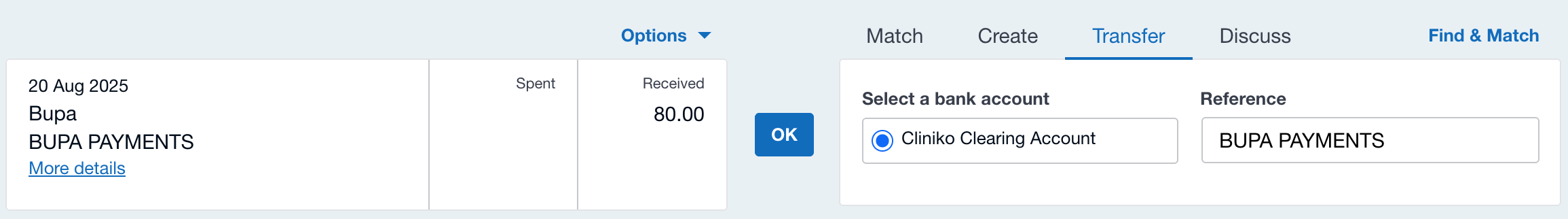 Payments into the bank account should be reconciled as a transfer from the Cliniko clearing account Screenshot showing how payments in Xero should be reconfiled as a transfer from the Cliniko clearing account