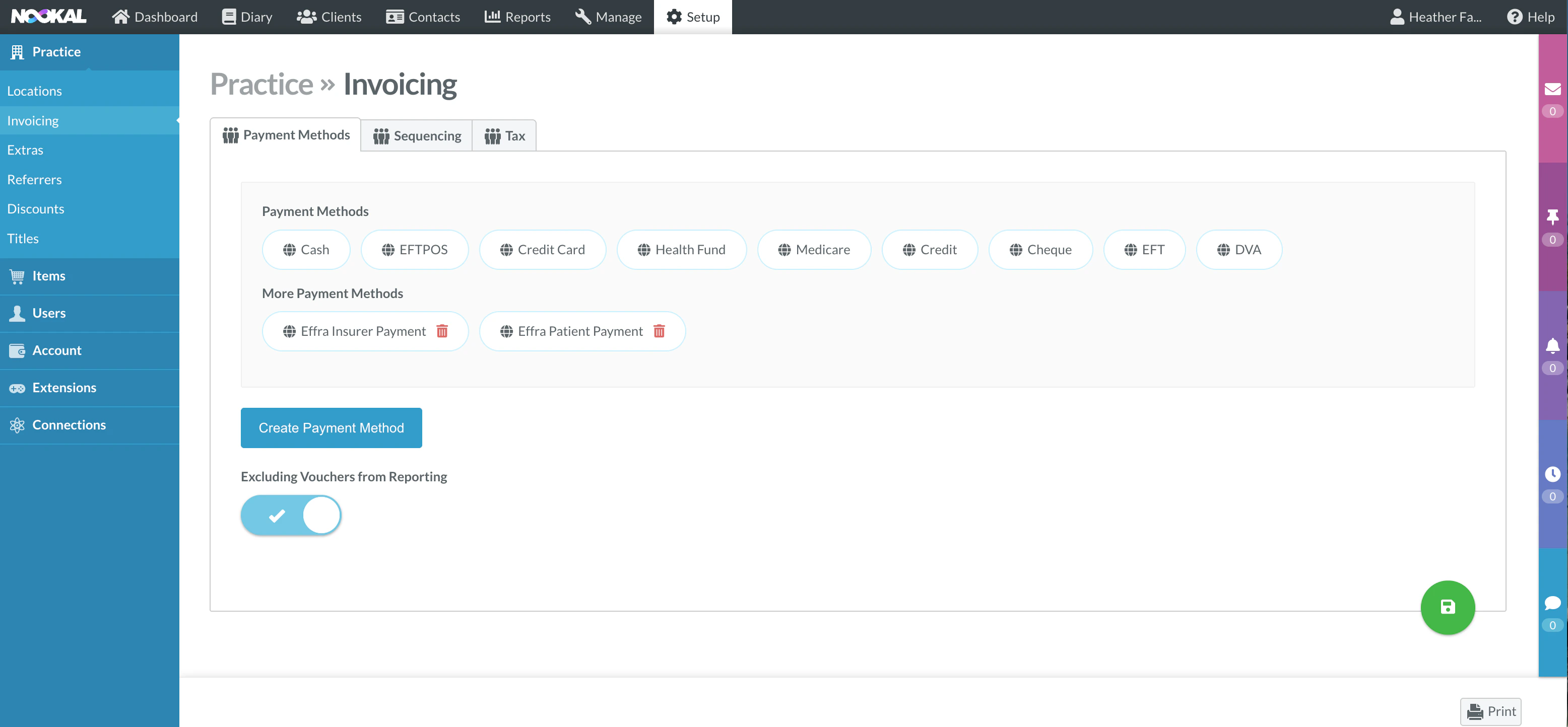 Payment type list in Nookal, after setup complete Screenshot showing the Payment type custom list