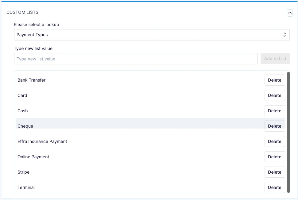 Payment type custom list Screenshot showing the Payment type custom list