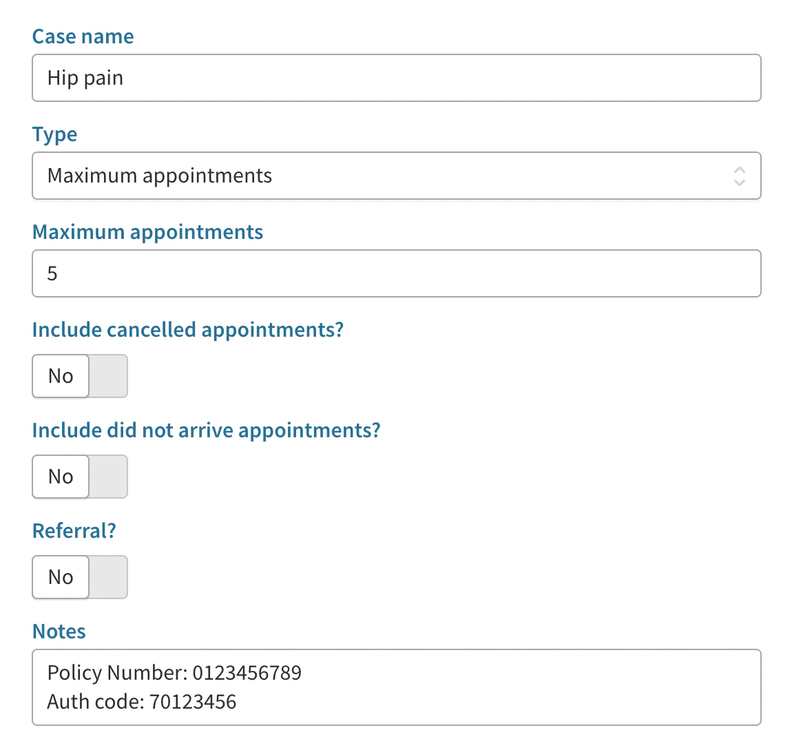 Patient Case notes with insurance details Screenshot showing Patient Case notes with insurance details