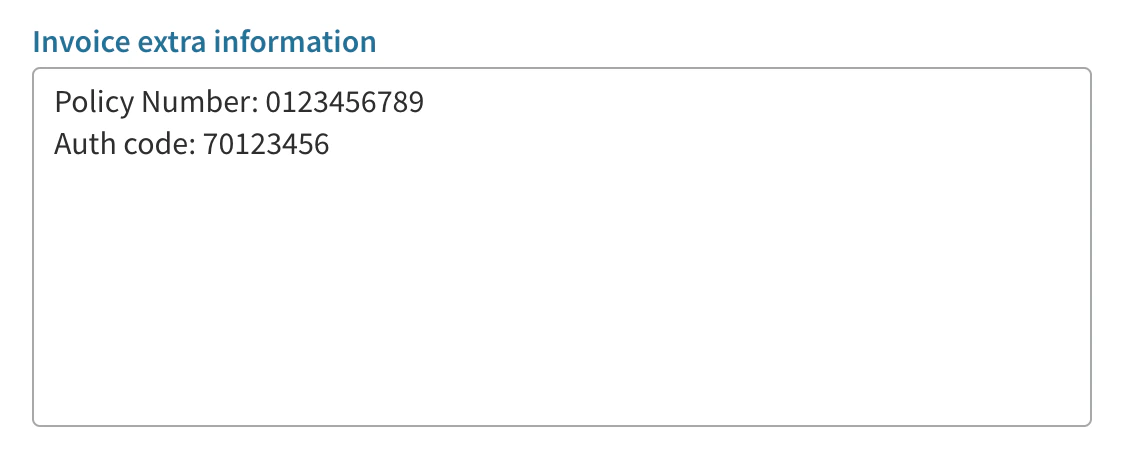 Invoice extra information with insurance details Screenshot showing invoice extra information with insurance details