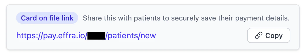 New patient card on file link Screenshot showing the new patient card on file link in the Effra dashboard