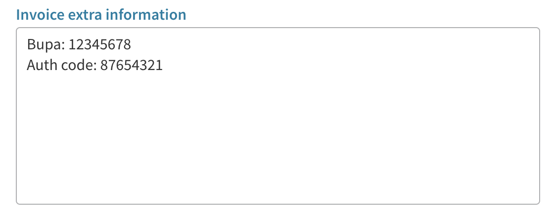 Invoice extra information with insurance details Screenshot showing invoice extra information with insurance details