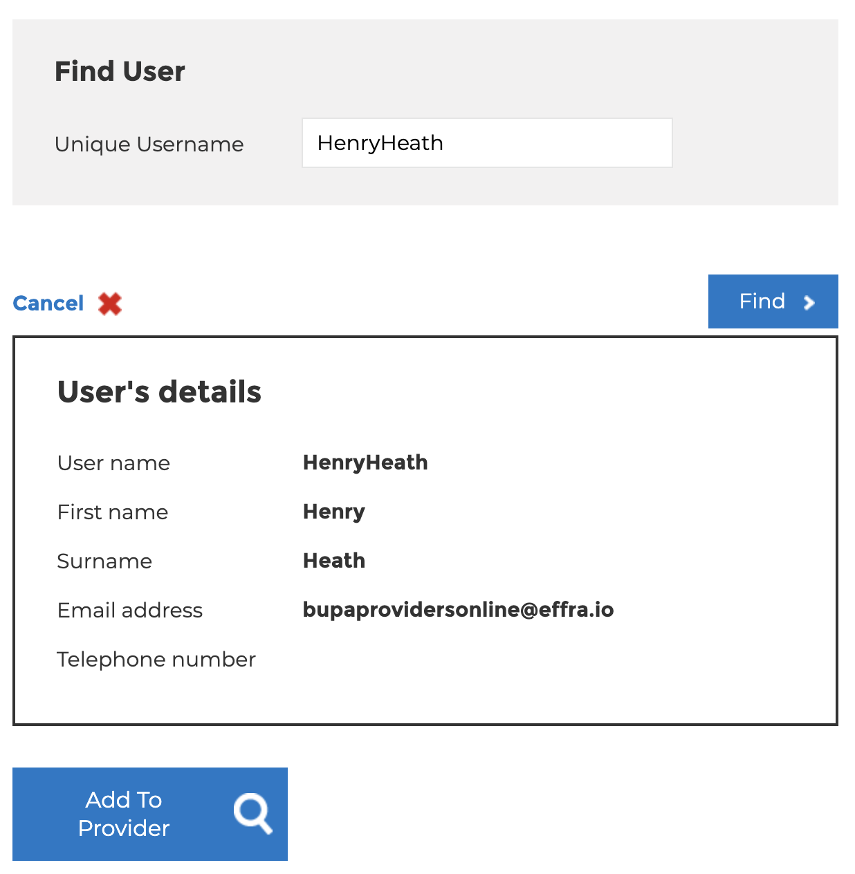 Find an existing user Screenshot showing the Find an existing user screen