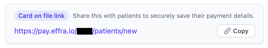 New patient card on file link Screenshot showing the new patient card on file link in the Effra dashboard