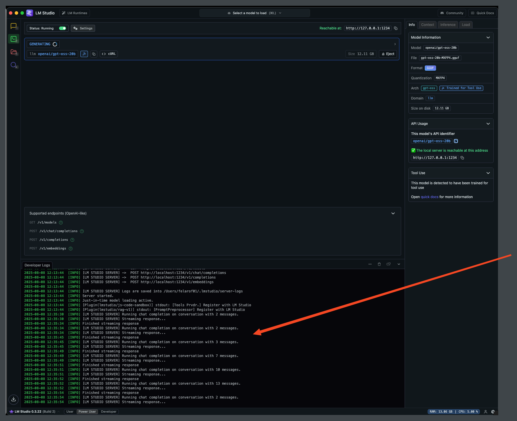 LM Studio showing active connections