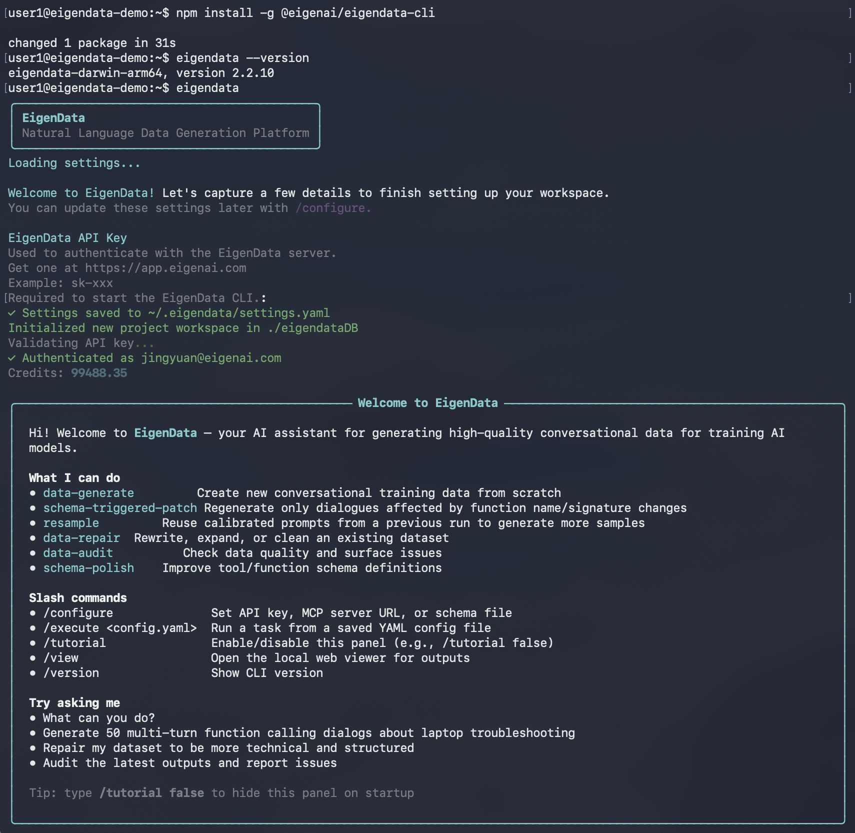 EigenData-CLI installation and authentication.