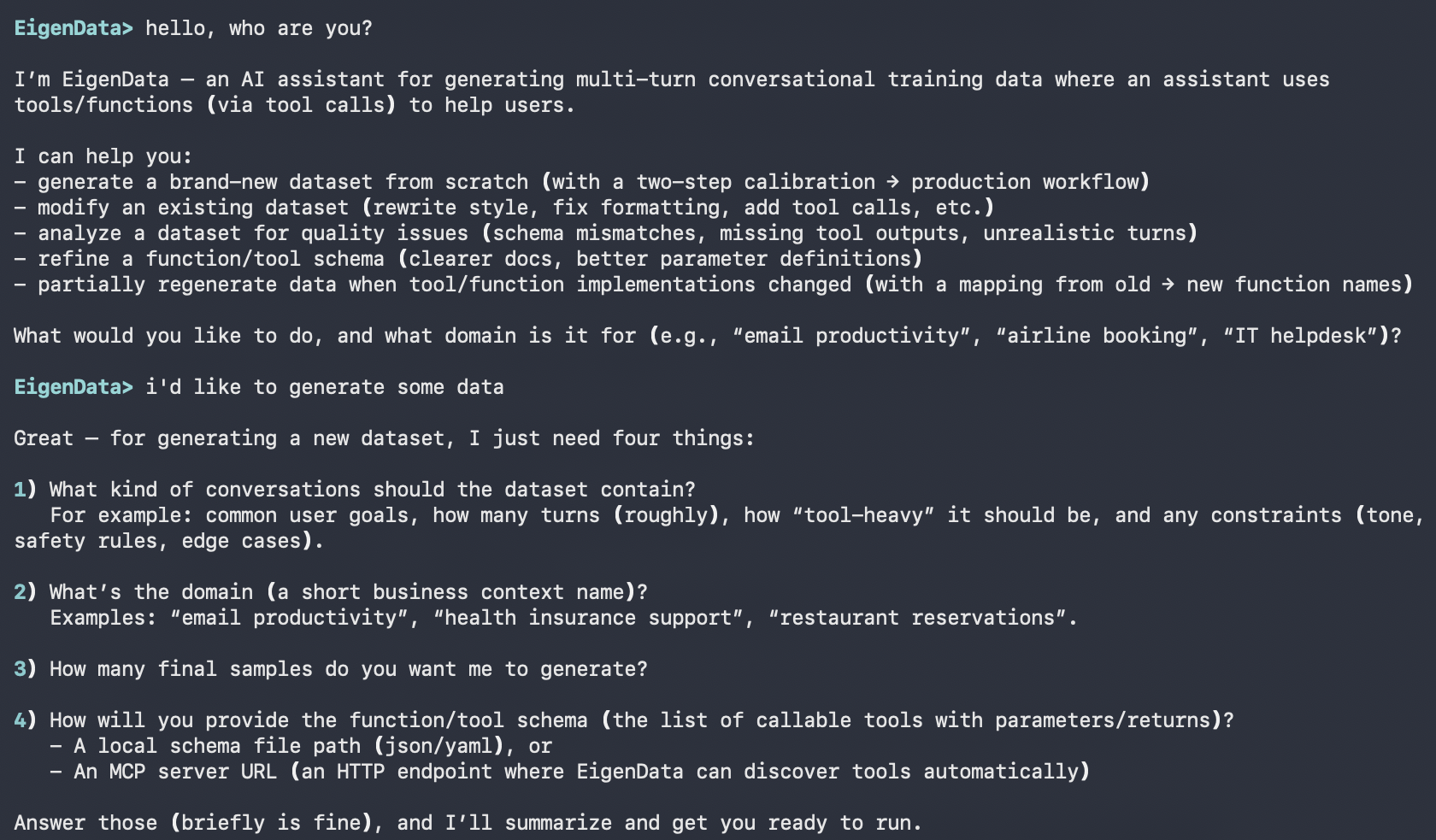 EigenData-CLI chatbot collecting parameters through natural language conversation