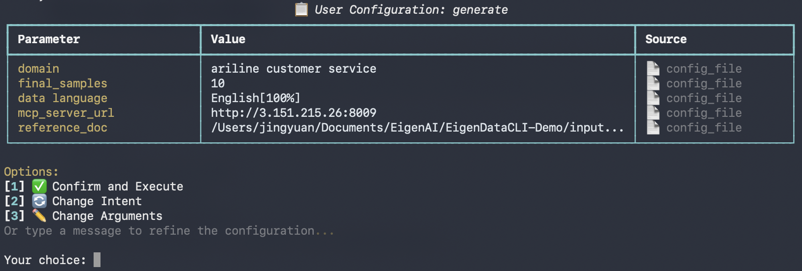 Configuration summary with source annotations and action menu
