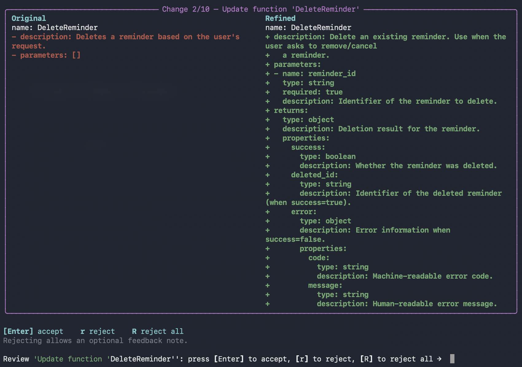 Side-by-side diff showing schema changes during pilot optimization review