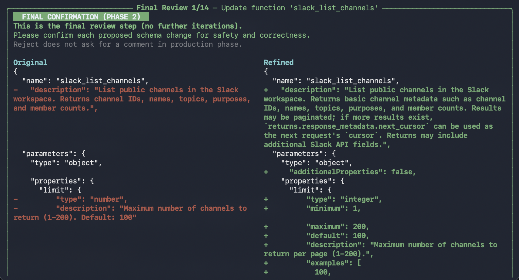 Phase 2 final confirmation view for all schema changes