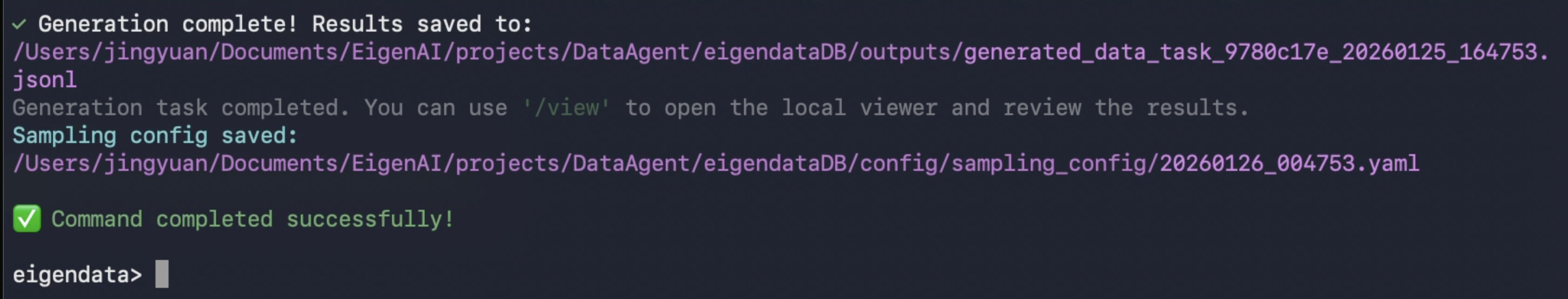 Data generation completion summary with output paths